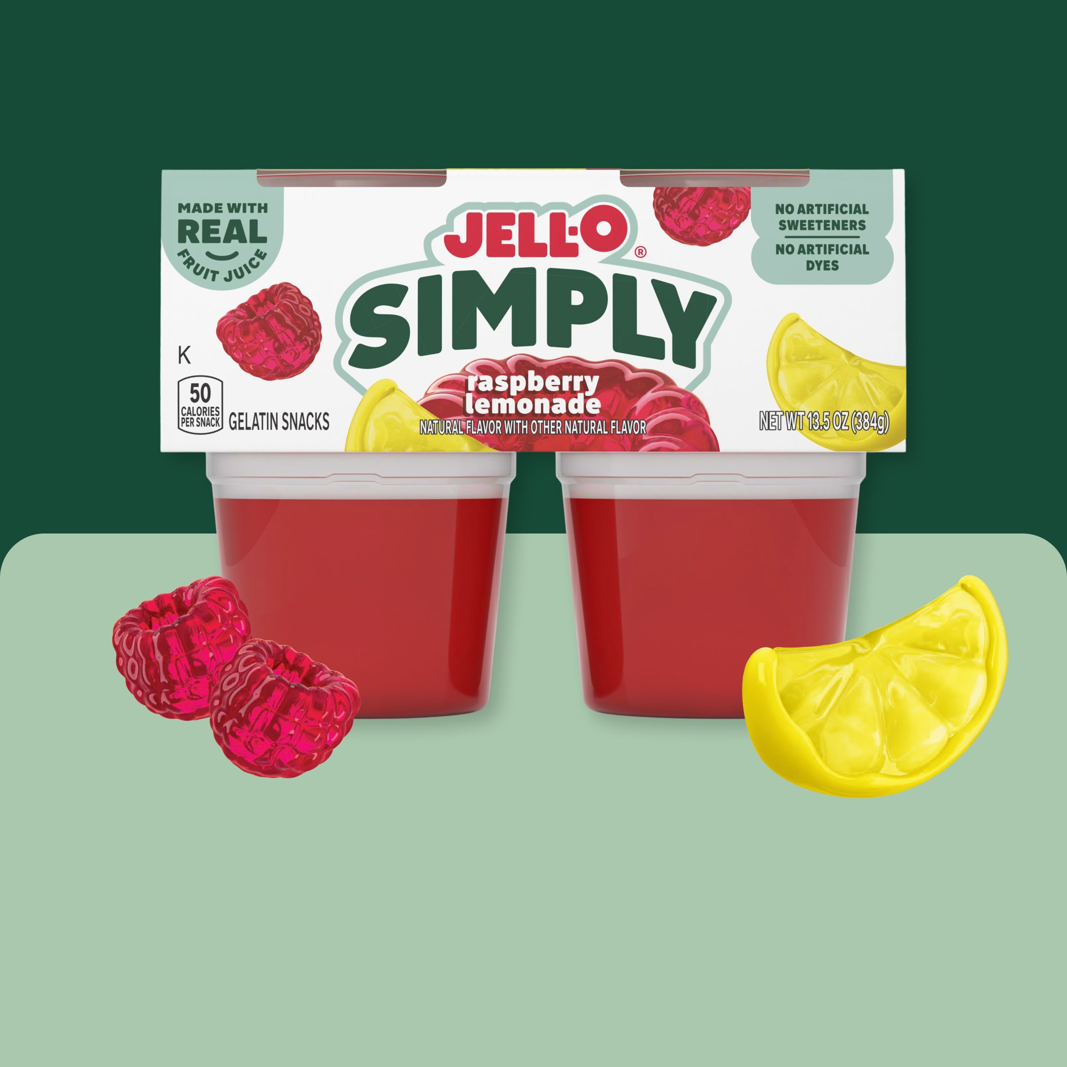 Two Jell-O Simply Raspberry Lemonade Gelatin snacks with real fruit juice and no artificial dyes.