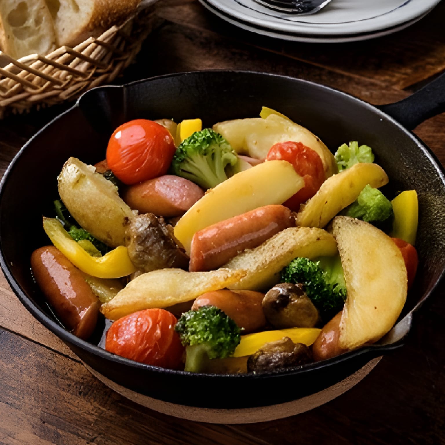 ソーセージ、ジャガイモ、野菜のフライパン。