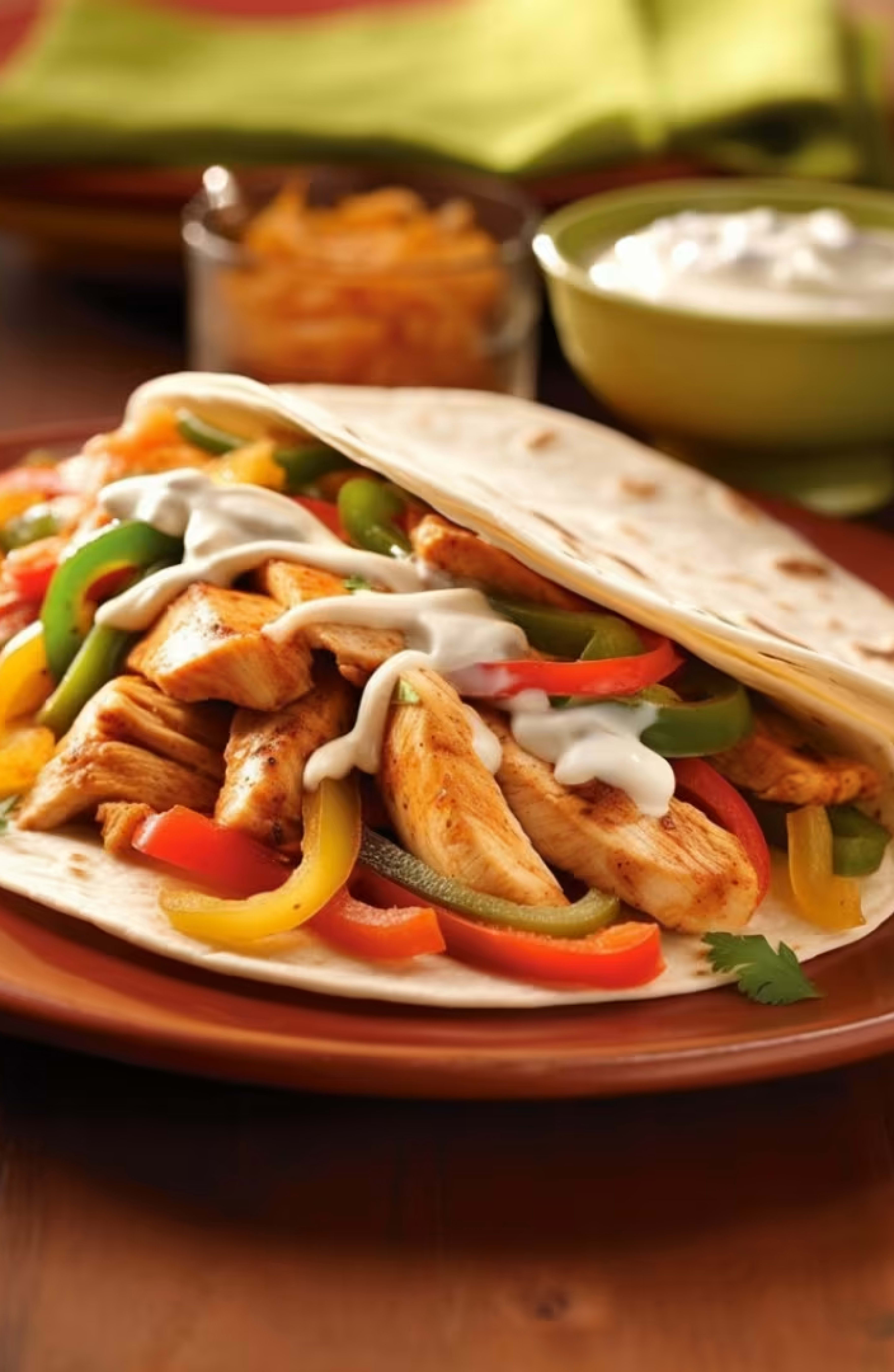 A close-up of a chicken fajita on a plate. The fajita includes grilled chicken seasoned with Taco Bell's fajita seasoning, sl