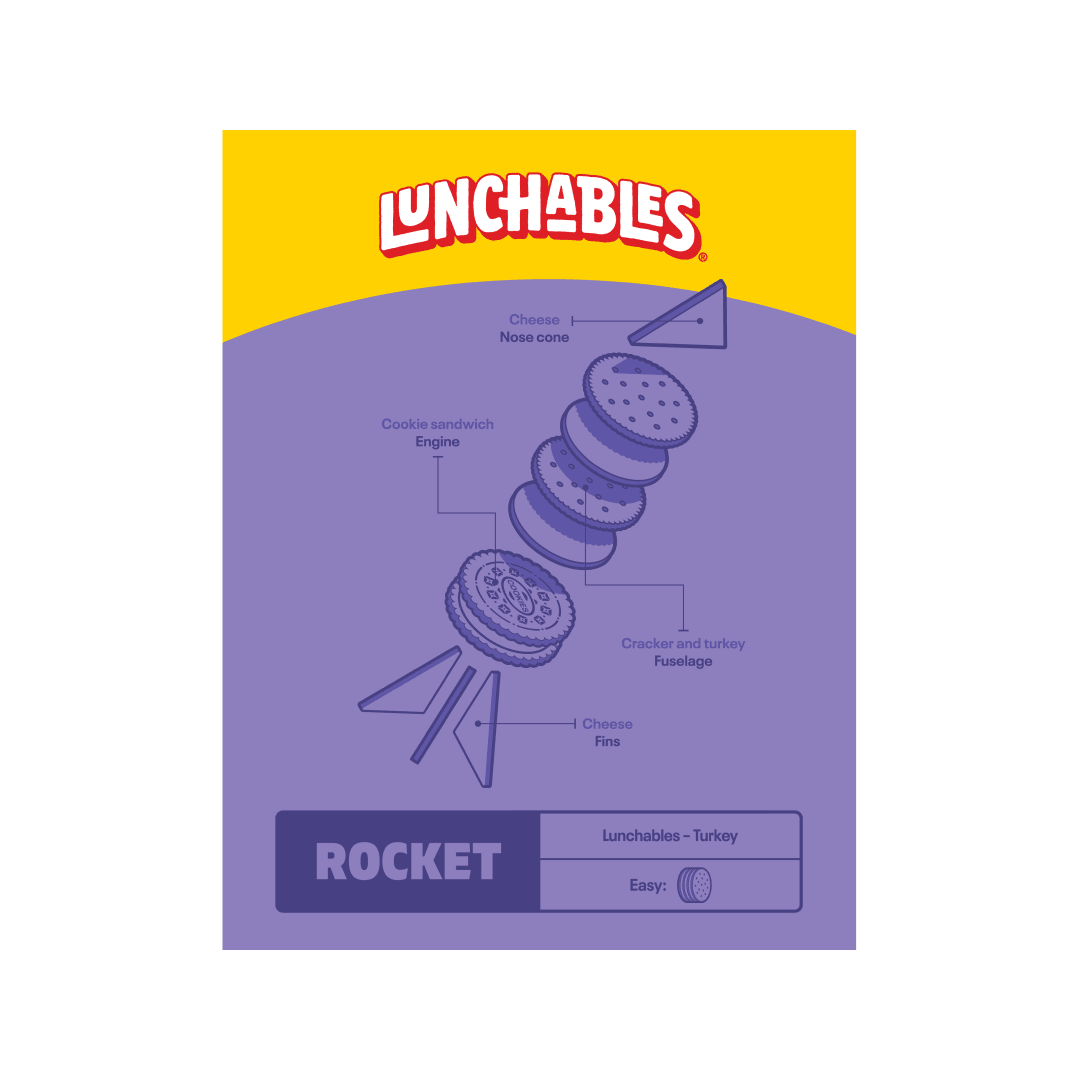 Lunchables Turkey and Crackers rocket with cheese fins, cookie engine, and cheese nose cone.
