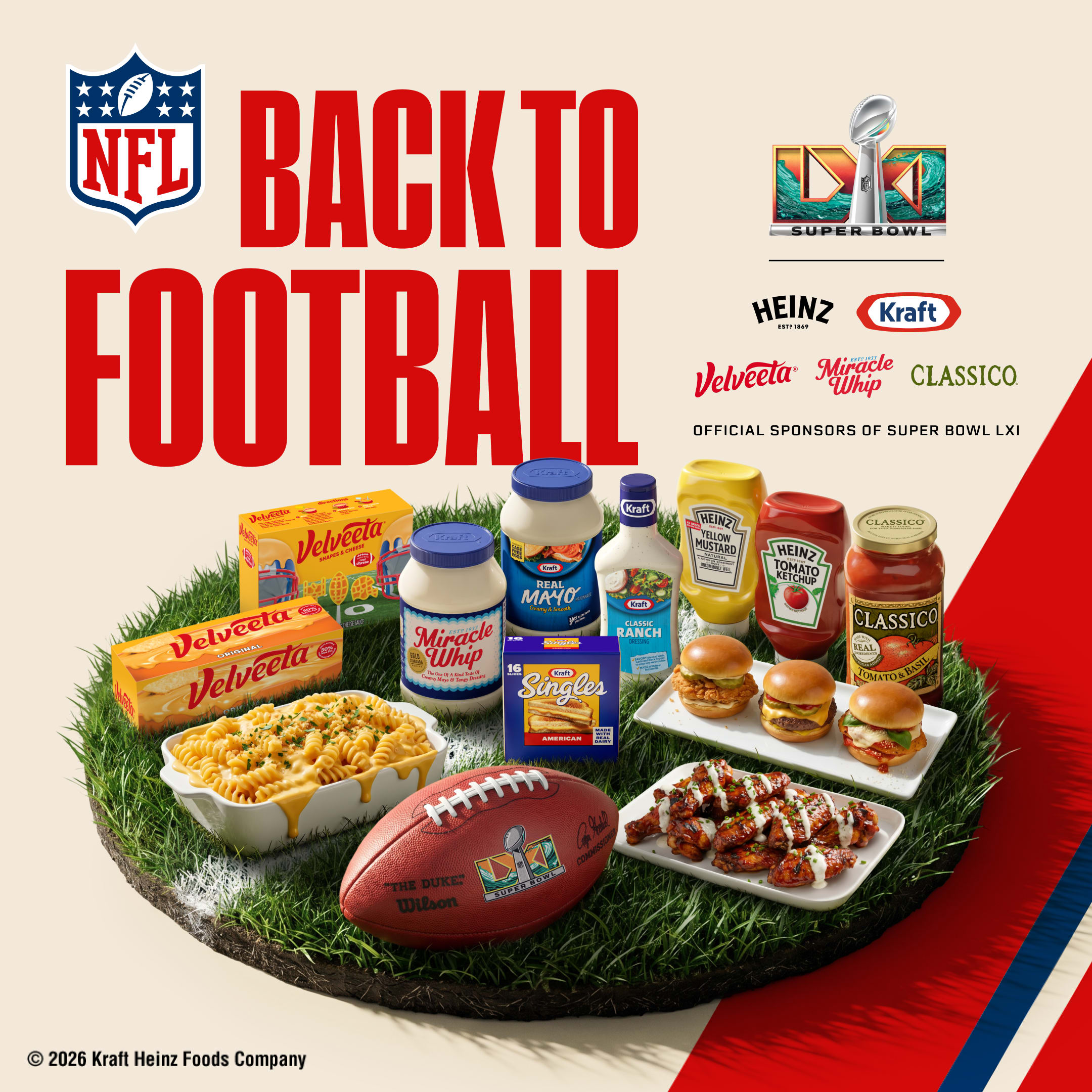 Back to Football campaign banner with NFL and Super Bowl LXI logos, sponsor brands, and a turf display of game day foods.