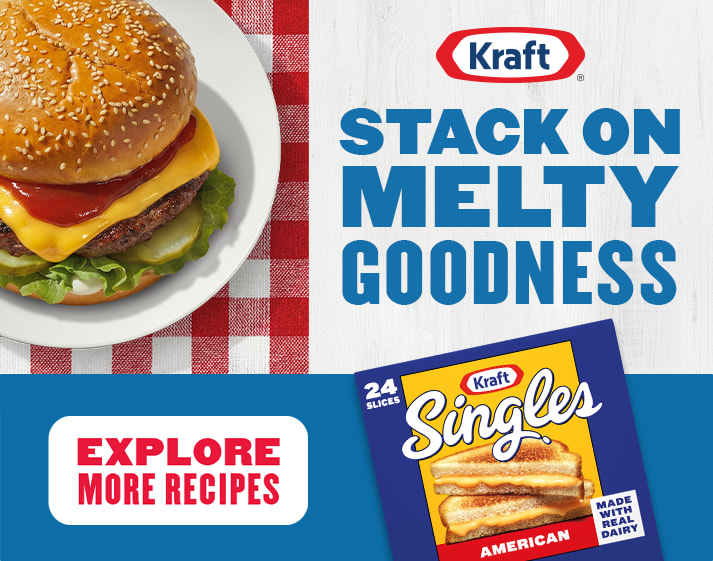 Kraft Singles ad: "Stack on melty goodness" featuring a cheeseburger and a 24-pack of American cheese slices.