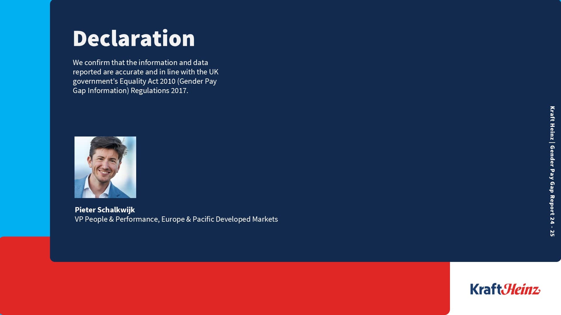 Image of the declaration of accuracy for the Kraft Heinz Gender Pay Gap Report 24-25 by Pieter Schalkwijk, with his photograp