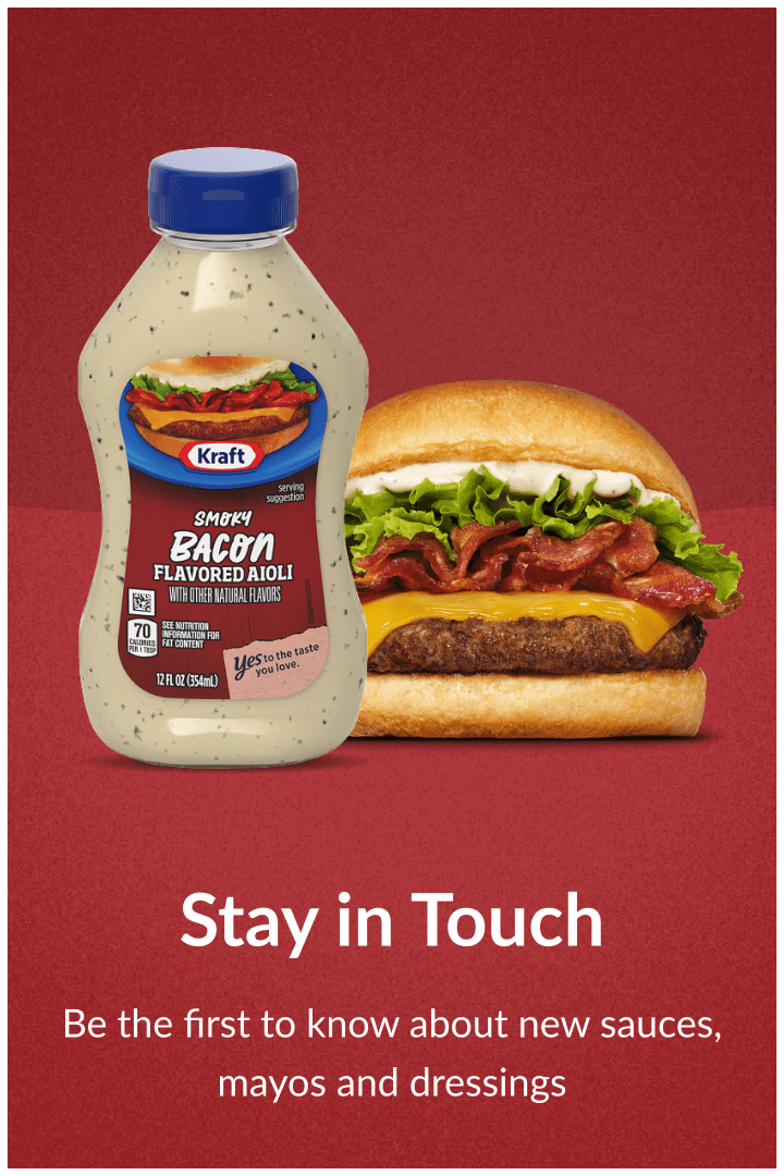 Kraft Smoky Bacon Flavored Aioli bottle next to a juicy burger with bacon, cheese, and lettuce on a red background.