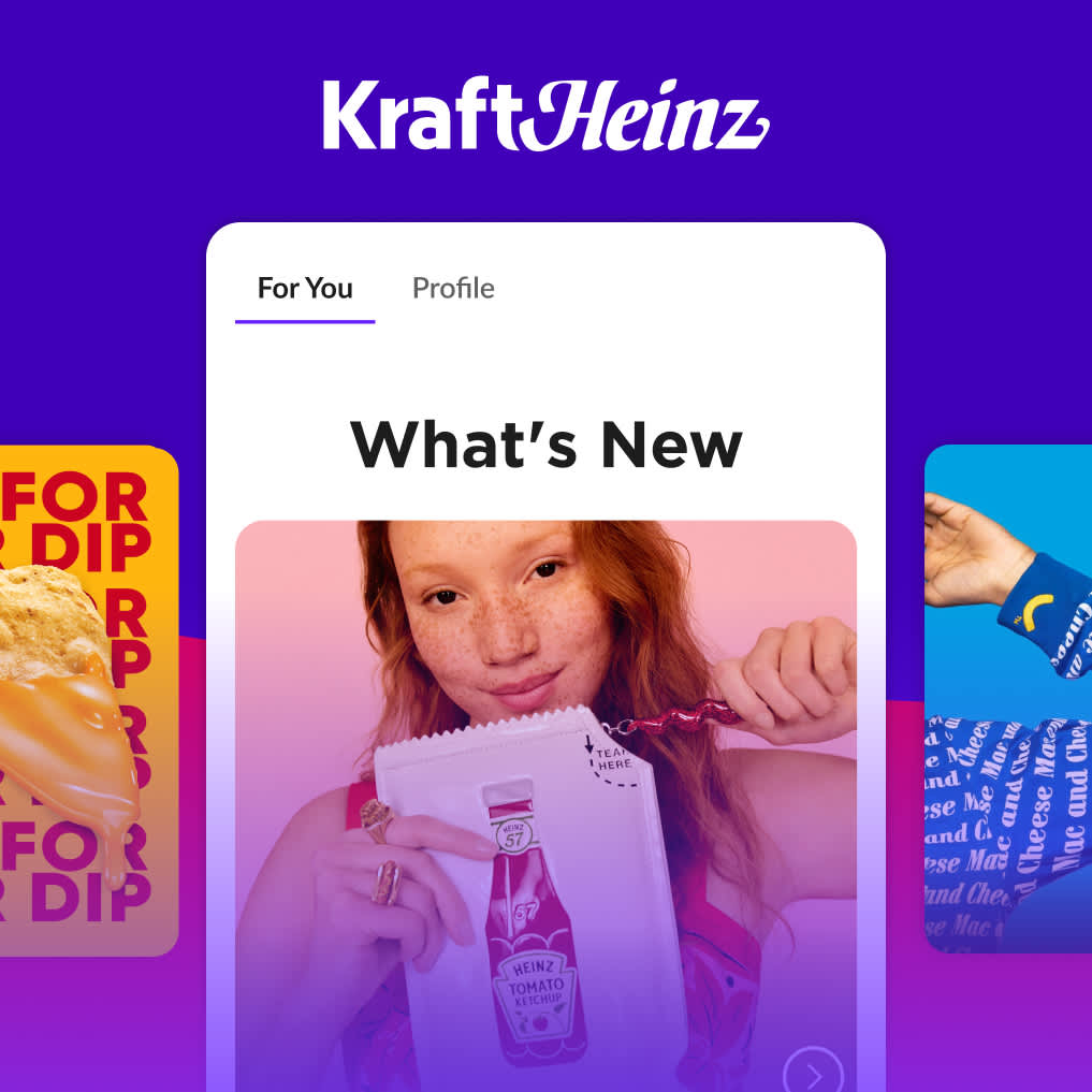 A woman displays a Heinz ketchup-shaped purse on a Kraft Heinz branded app screen featuring "What's New" content.
