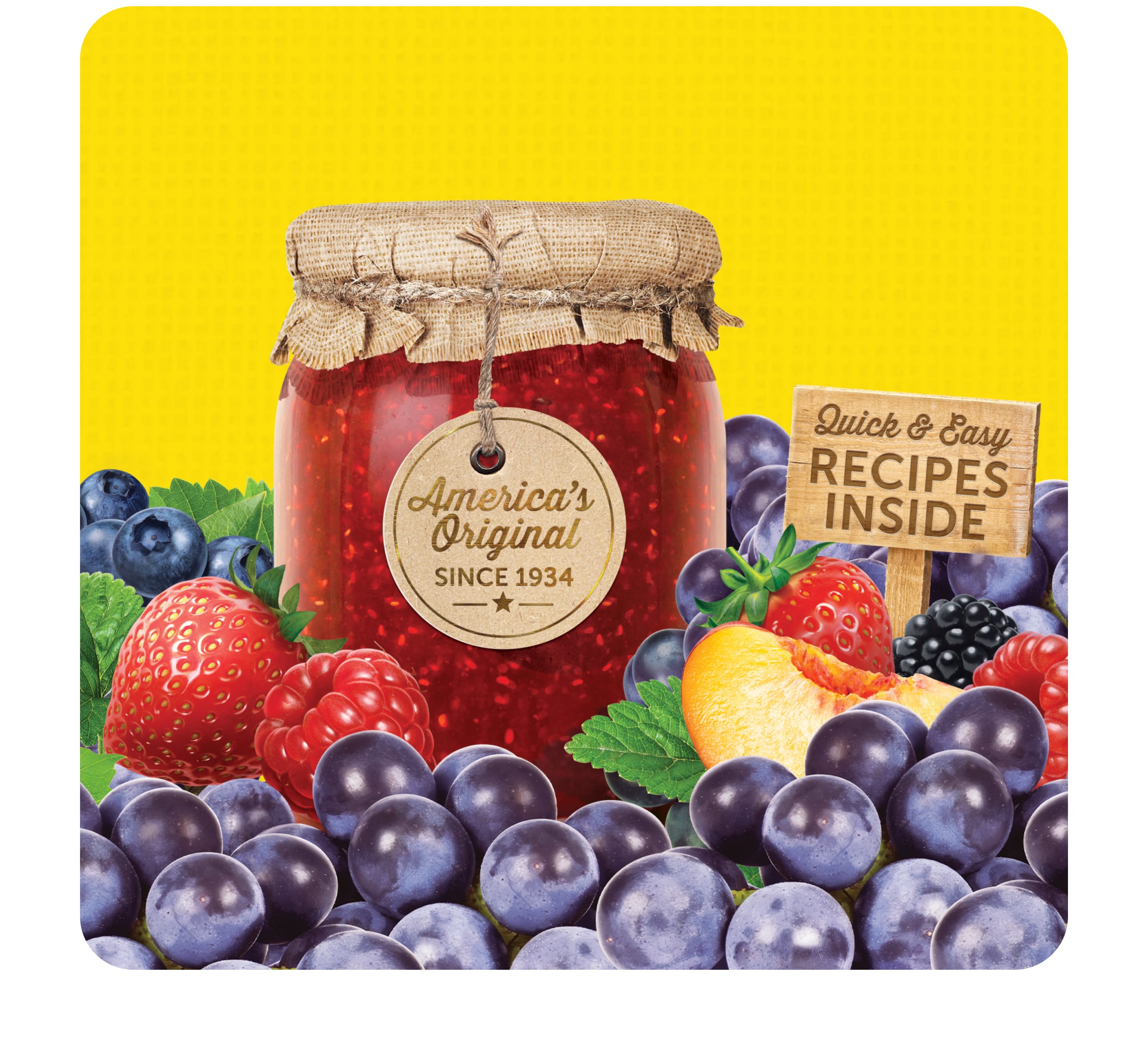 A jar of jam sits in the middle of berries on yellow background 