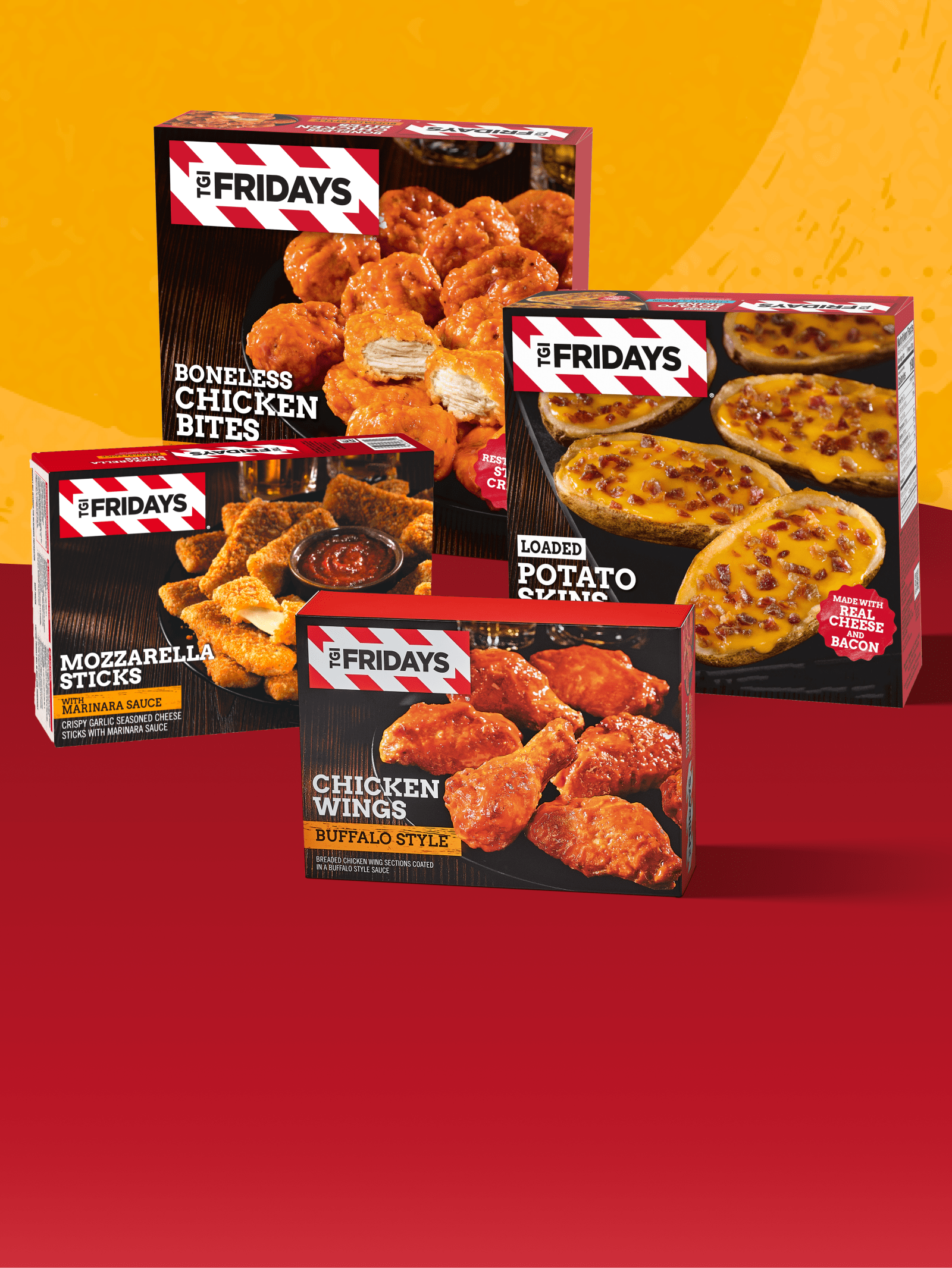 Boxes of TGI Fridays frozen appetizers: Chicken Bites, Mozzarella Sticks, Potato Skins, Buffalo Wings.