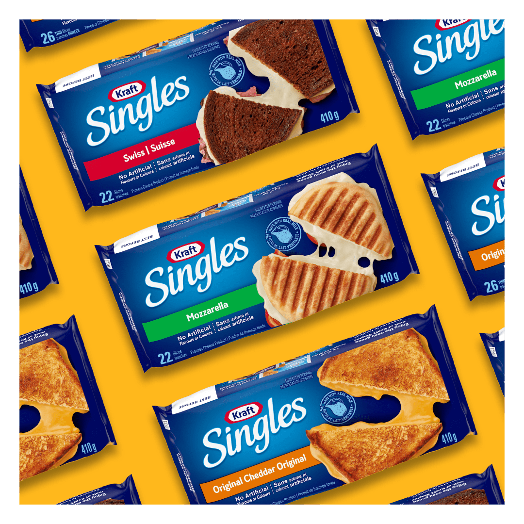 Kraft Singles cheese slices with melted cheese in various flavours.
