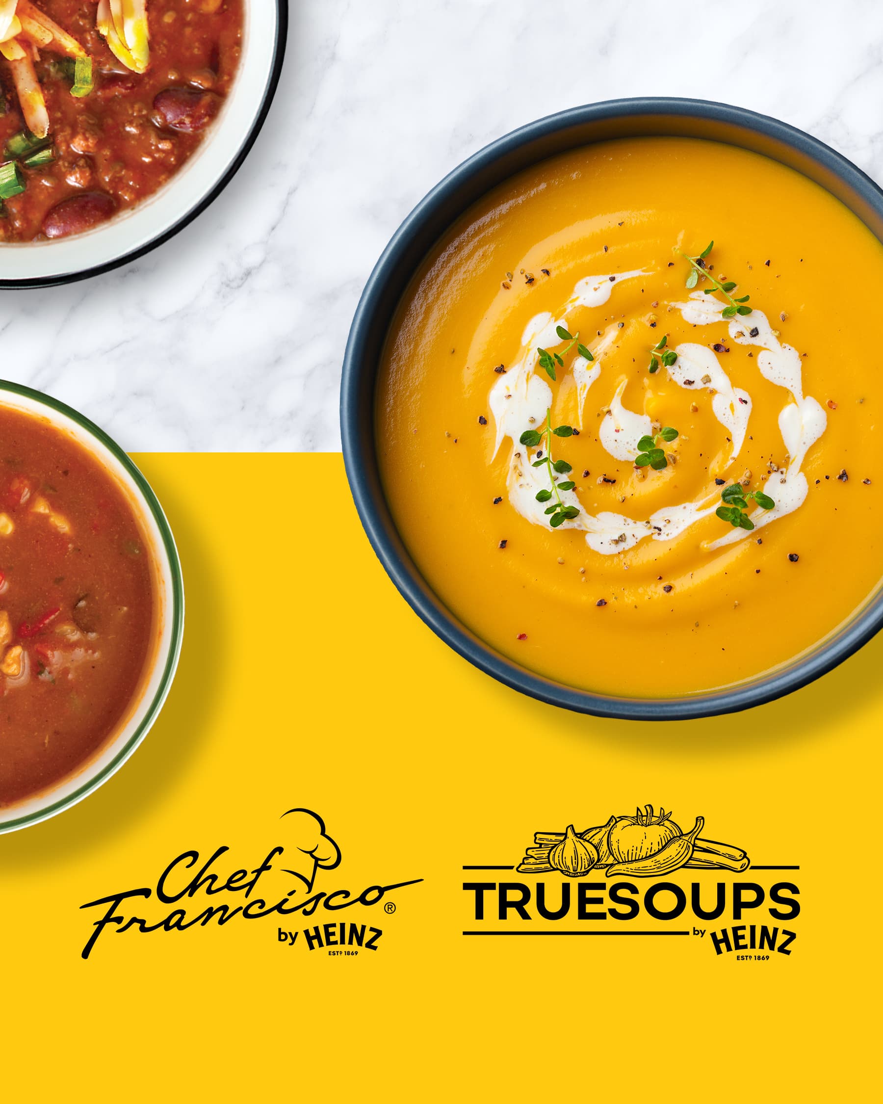 AFH soup catalog featuring Chef Francisco and TrueSoups by Heinz with a creamy bowl of garnished soup.