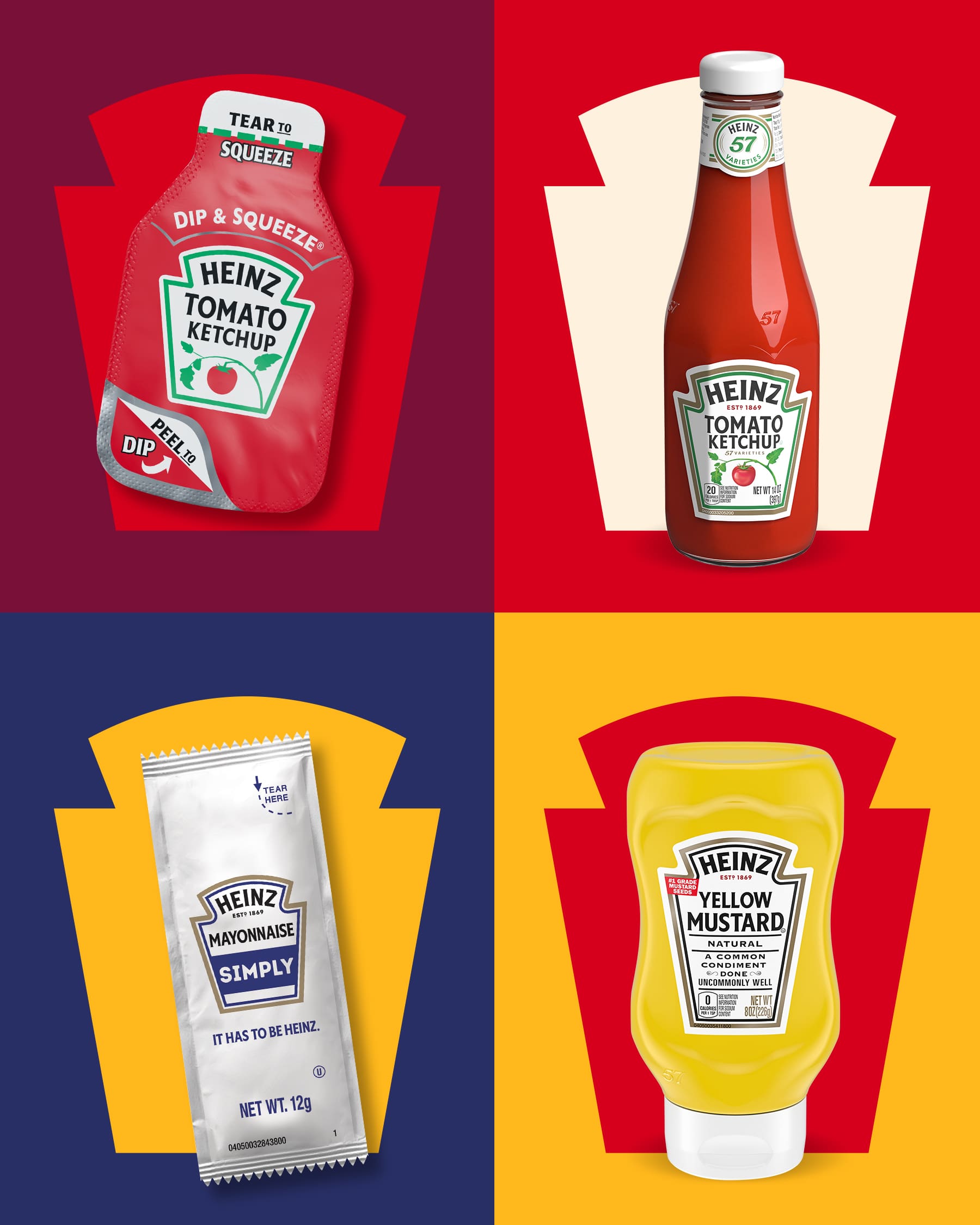 Heinz Tomato Ketchup, Simply Mayonnaise, and Yellow Mustard in various packaging formats.