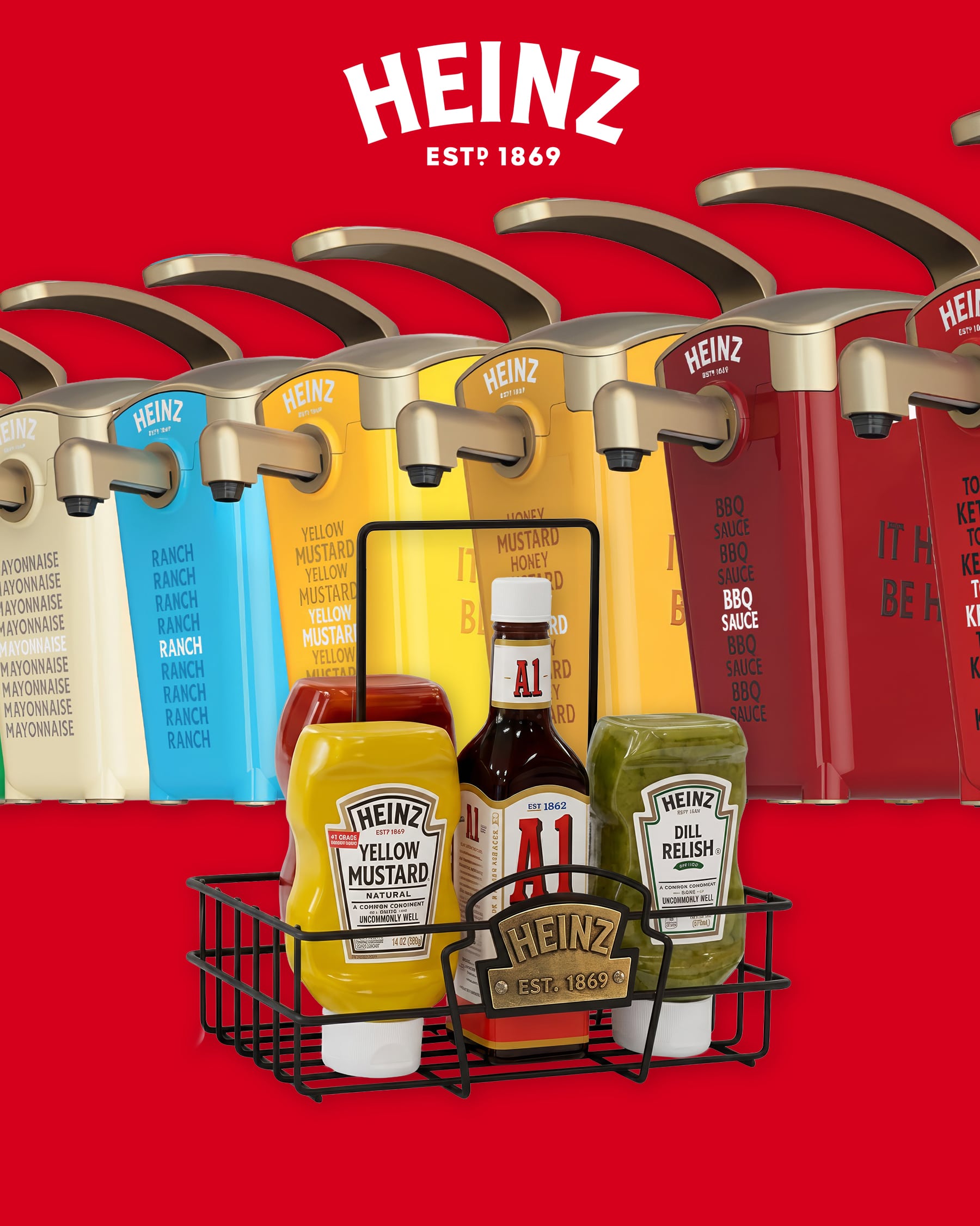 Heinz Keystone Dispensers behind a tabletop caddy holding Heinz yellow mustard, A.1. sauce, and dill relish 