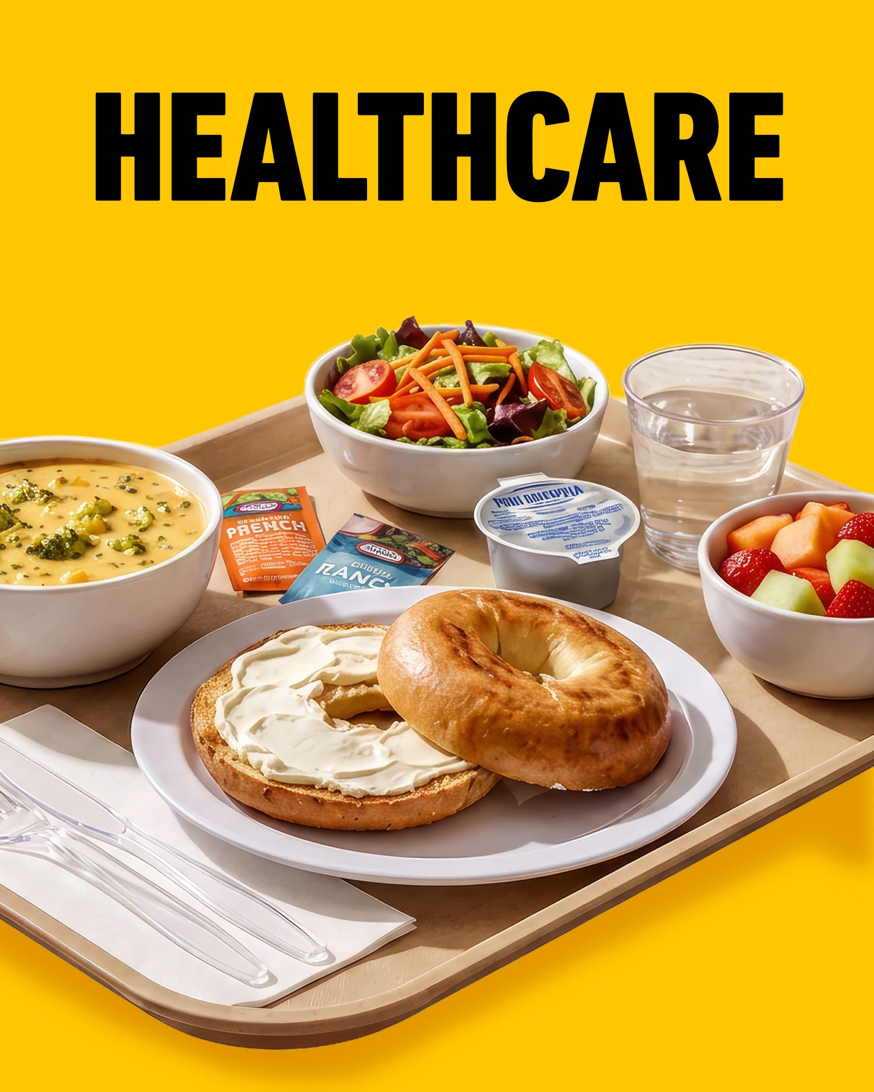 Healthcare meal tray with Philadelphia cream cheese on a bagel, broccoli soup, salad, and fruit 