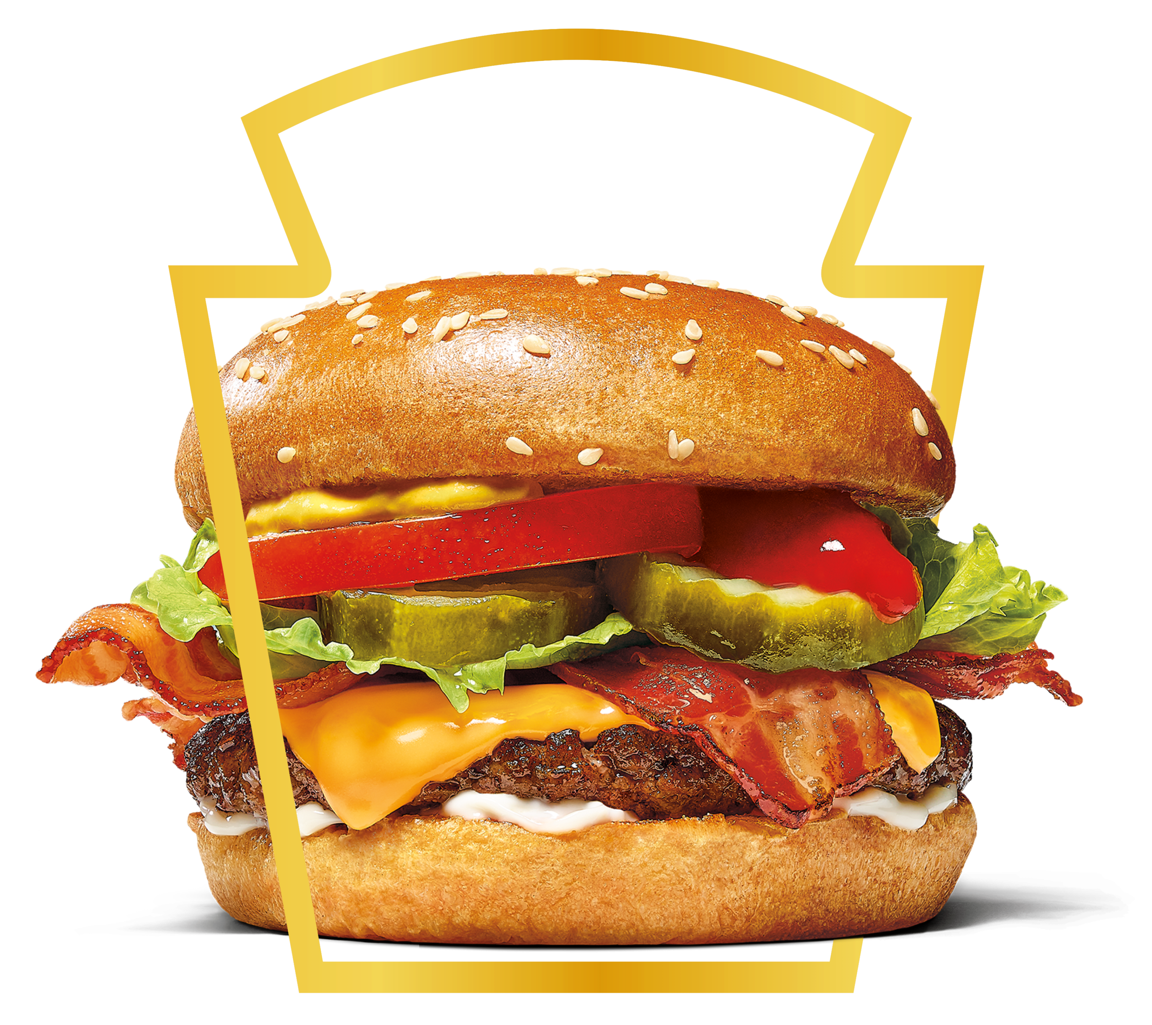 A delicious bacon cheeseburger takes center stage against a black background, framed by the iconic gold keystone shape. The s