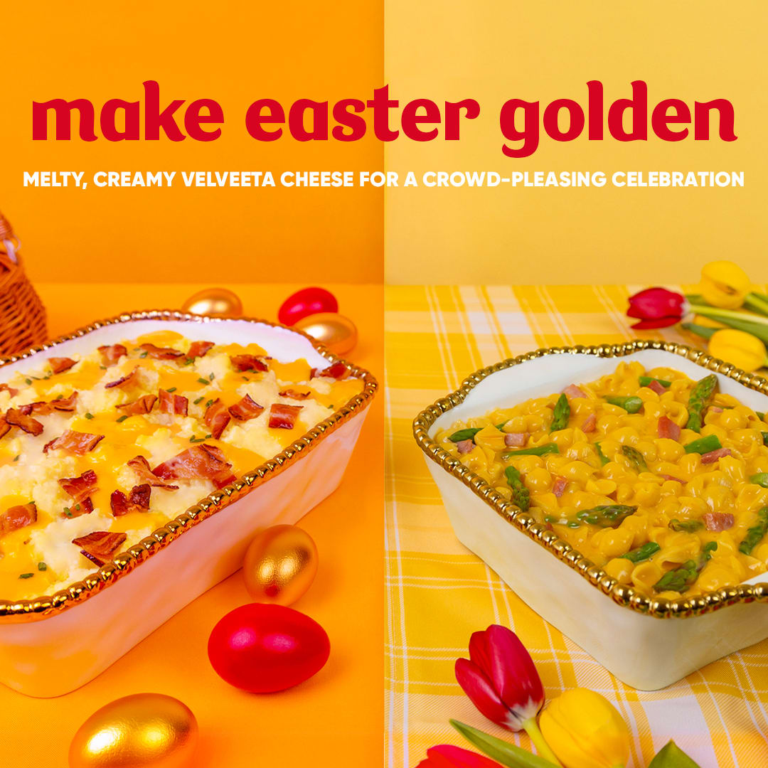 Velveeta Easter banner showing cheesy pasta and potato dishes with colorful eggs and fresh spring flowers.