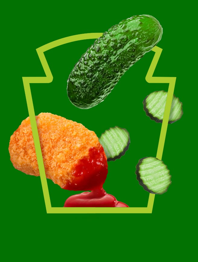 Chicken nugget dipped in red sauce with floating pickles inside a lime green Heinz keystone on a dark green background.
