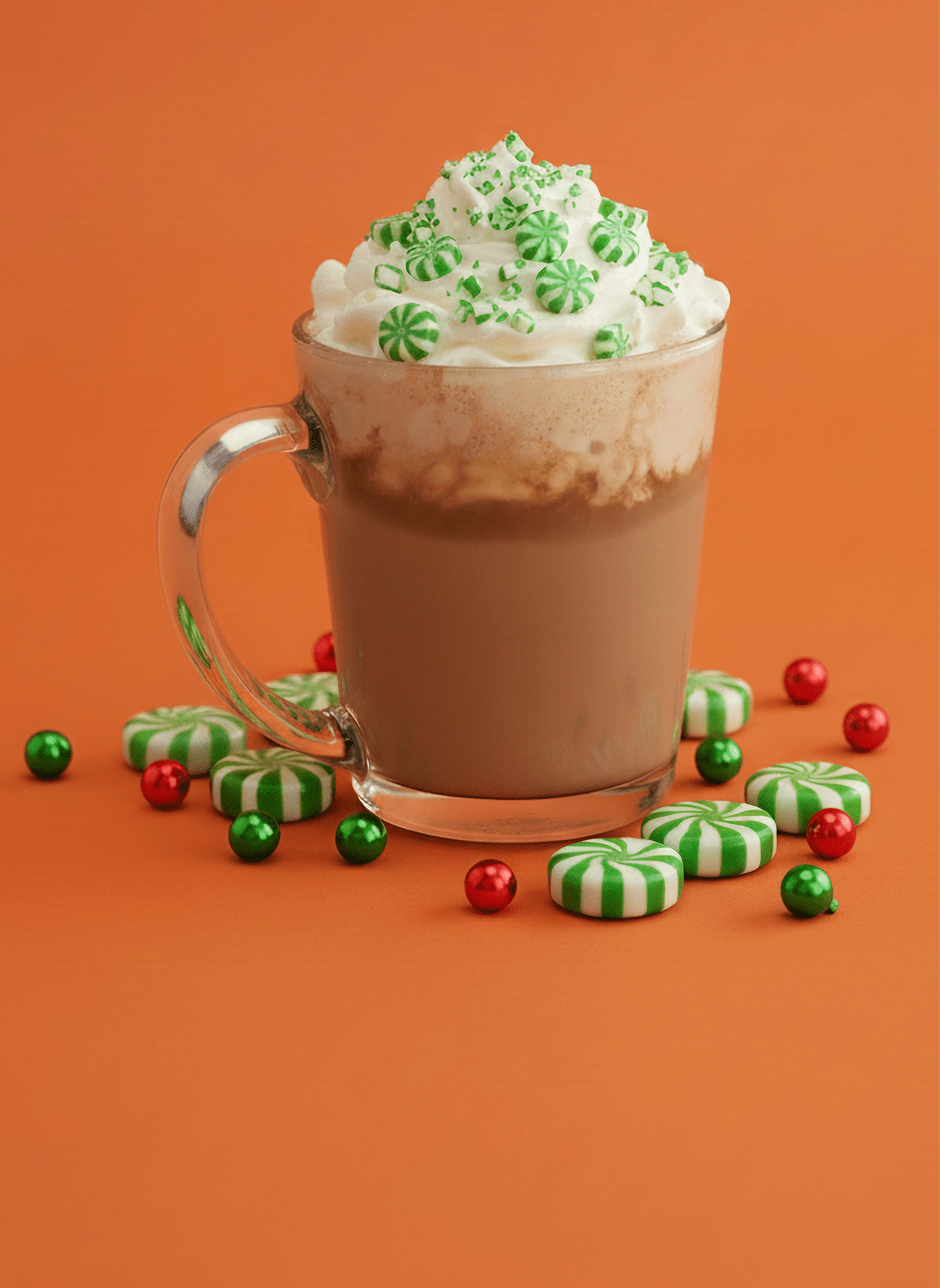  A glass mug of hot cocoa with whipped cream and green mint candies on an orange background, surrounded by candies.