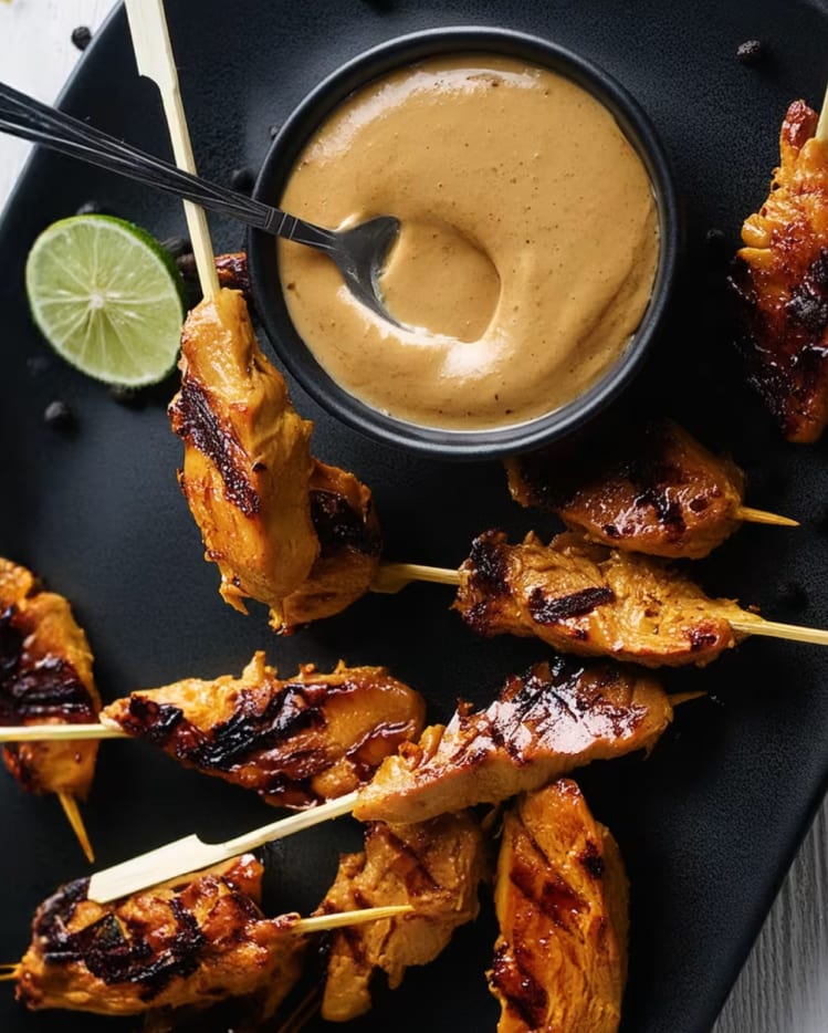 Grilled chicken satay skewers with a creamy peanut dipping sauce and lime.