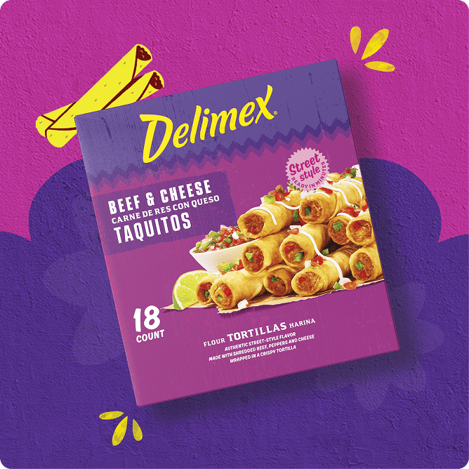 Delimex Beef & Cheese Flour Taquitos, 18 count, on a purple background.