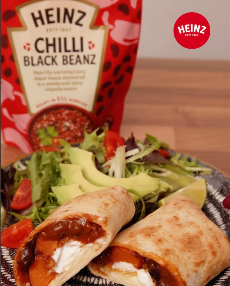 Heinz Chilli Black Beanz burritos with sweet potato and salad.