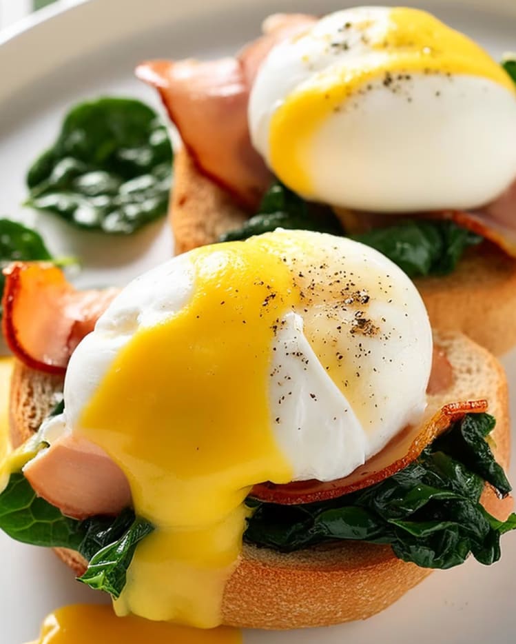 Poached eggs with ham and spinach on toasted bread.
