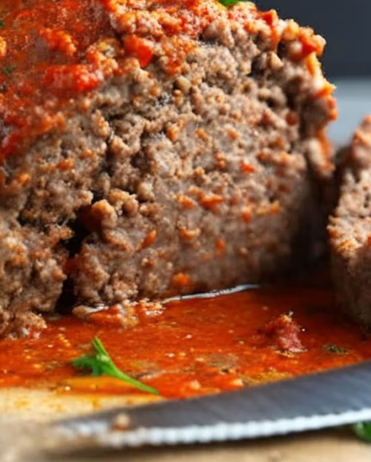 A thick slice of savory meatloaf topped with red tomato glaze.