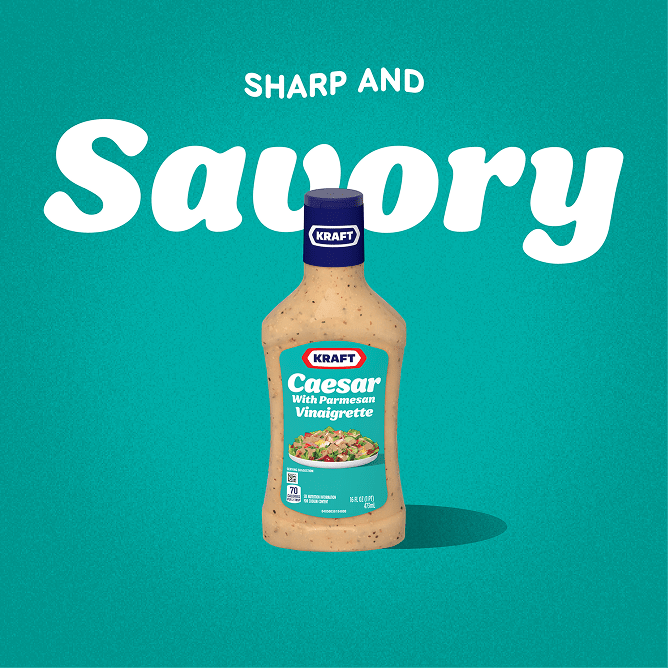 A bottle of Kraft Caesar With Parmesan Vinaigrette against a teal background, with the words "Sharp and Savory" 