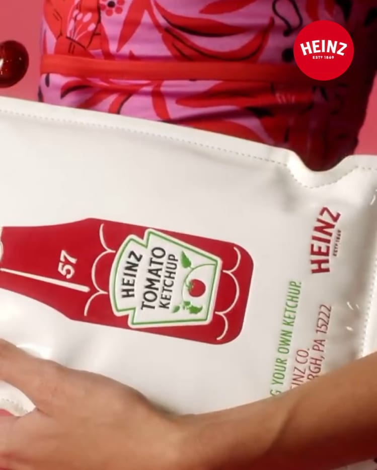 A white Kate Spade tote bag featuring a vintage Heinz Ketchup bottle graphic.