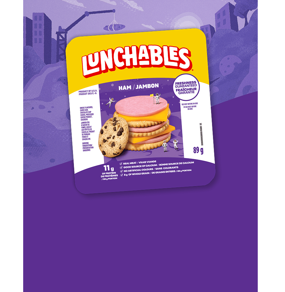Lunchables Ham Cracker + Stacker Cookie: A satisfying snack pack that includes sliced ham, crackers, and a sweet chocolate