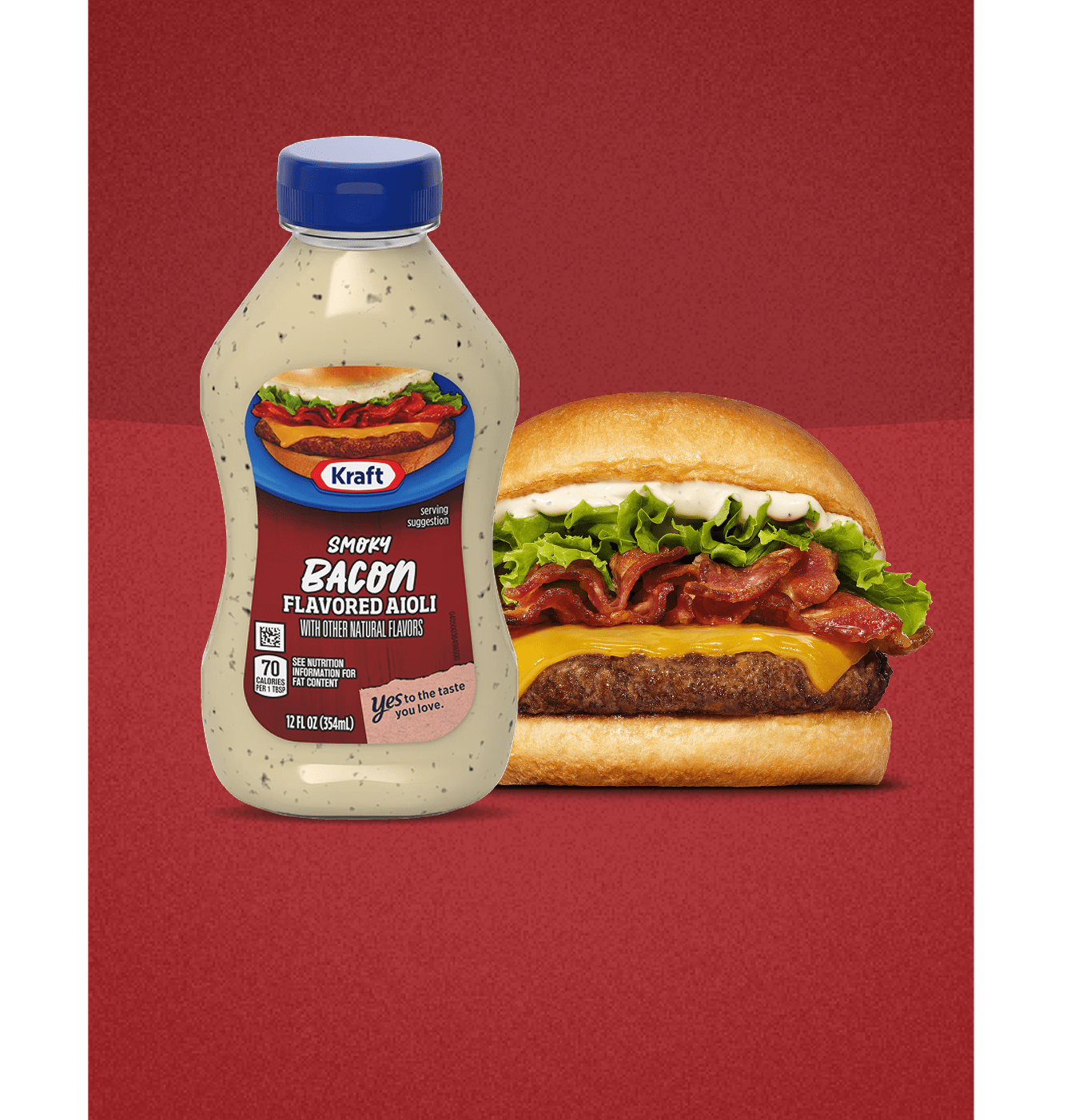 Kraft Smoky Bacon Flavored Aioli bottle next to a juicy burger with bacon, cheese, and lettuce on a red background.