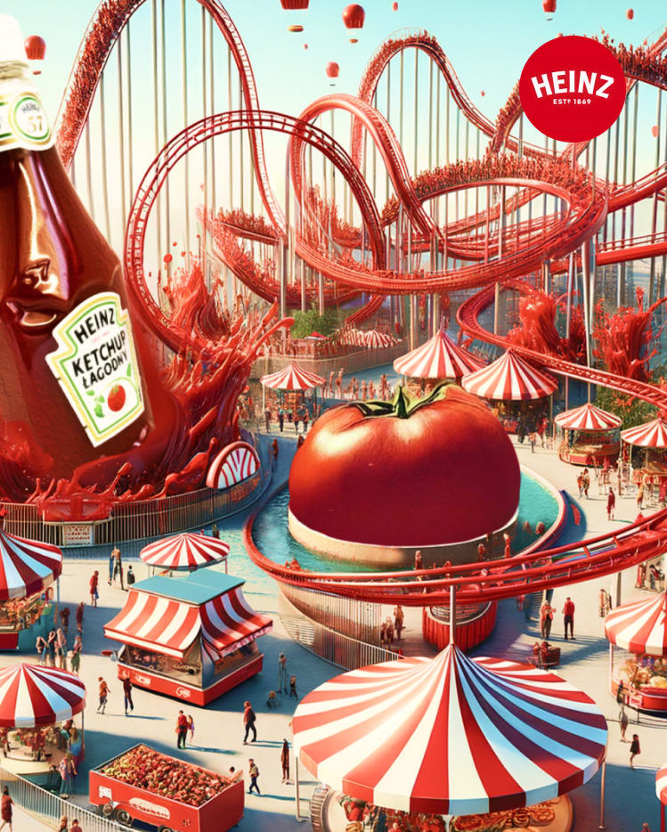 Surreal red roller coaster shaped like ketchup splashes around a giant tomato.