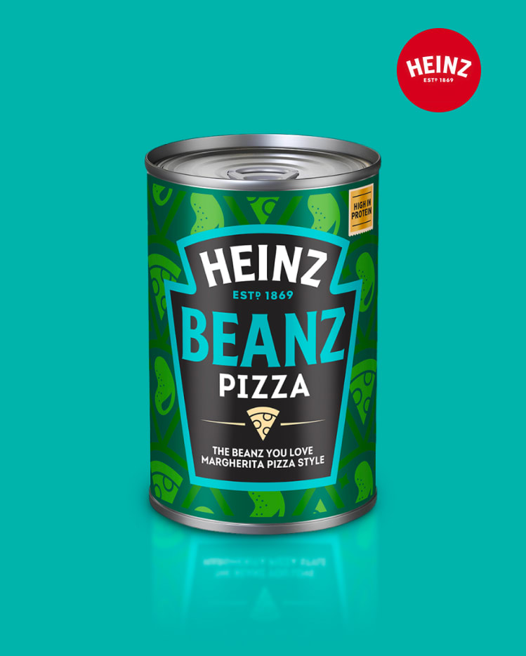 A teal and black can of Heinz Margherita Pizza Style Beanz.
