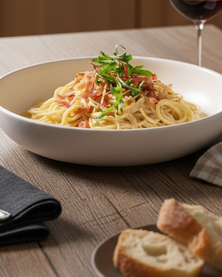 A close-up of spaghetti carbonara with creamy sauce made with PHILADELPHIA Cream Cheese, topped with crispy prosciutto.