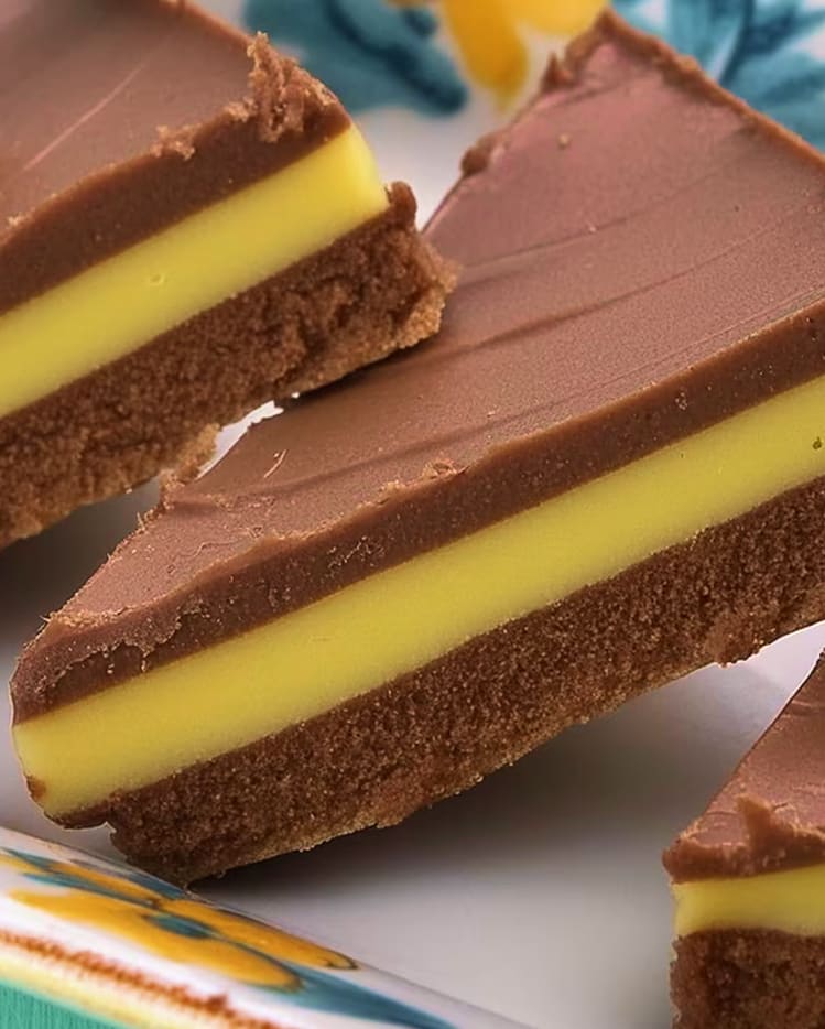 Slices of layered chocolate and lemon cream tart.