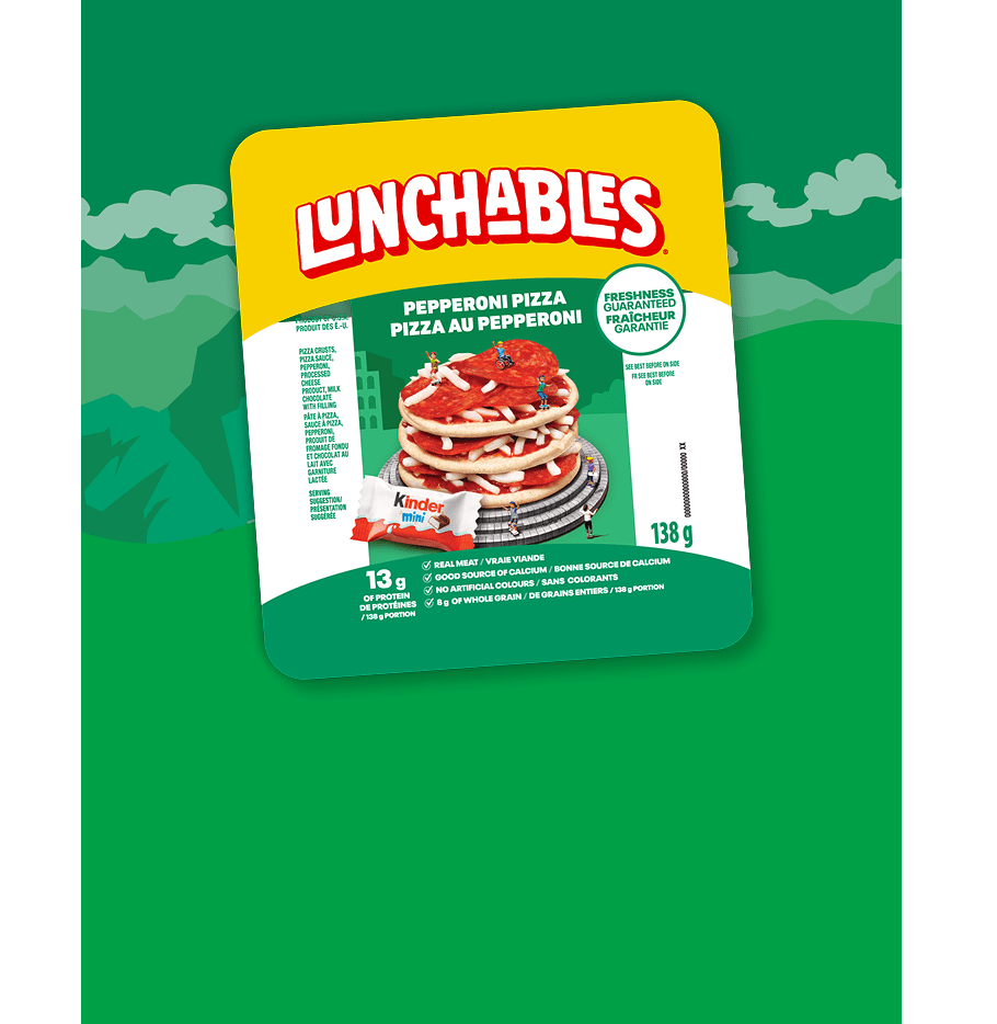 Lunchables Pepperoni Pizza + Kinder Treat: A fun and interactive snack with pepperoni slices, pizza crusts, and a Kinder choc