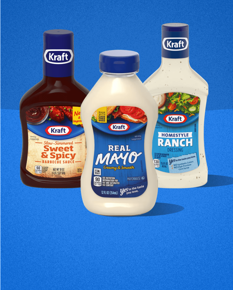 Three Kraft sauces: BBQ, Mayo, and Ranch, on a blue background.