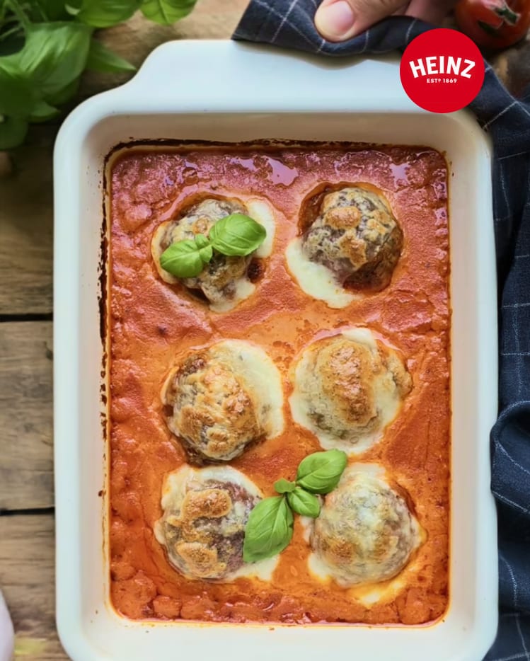 Six large meatballs topped with cheese and basil in a white baking dish of tomato sauce.