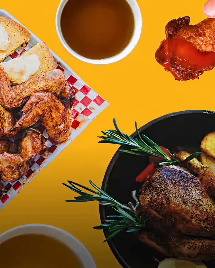 An overhead shot on a bright yellow background features several chicken dishes and sauces.