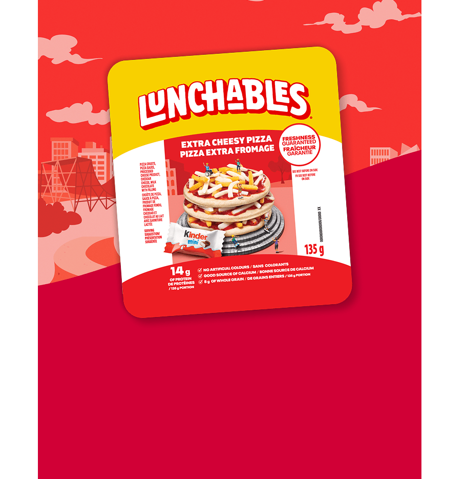 Lunchables Extra Cheesy Pizza + Kinder Treat: A delicious snack kit that contains cheese, pizza crusts for building mini pizz