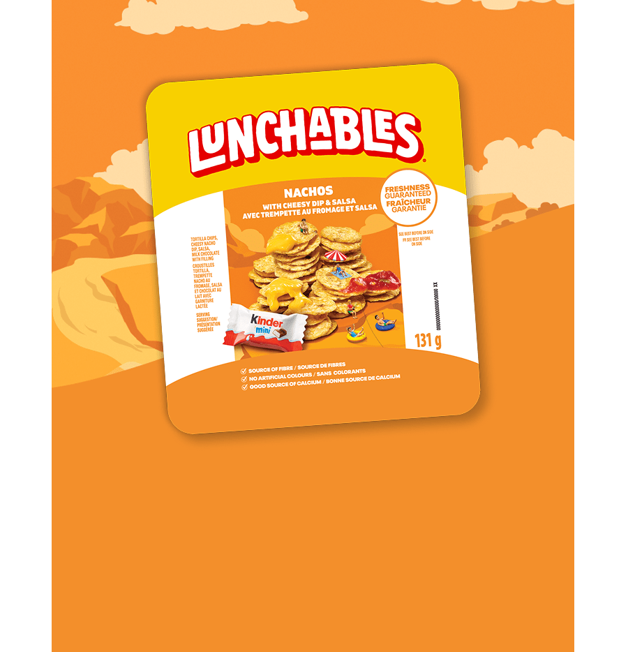 Lunchables Nachos + Kinder Treat: A flavorful snack pack with tortilla chips, cheesy dip, salsa, and a Kinder chocolate treat