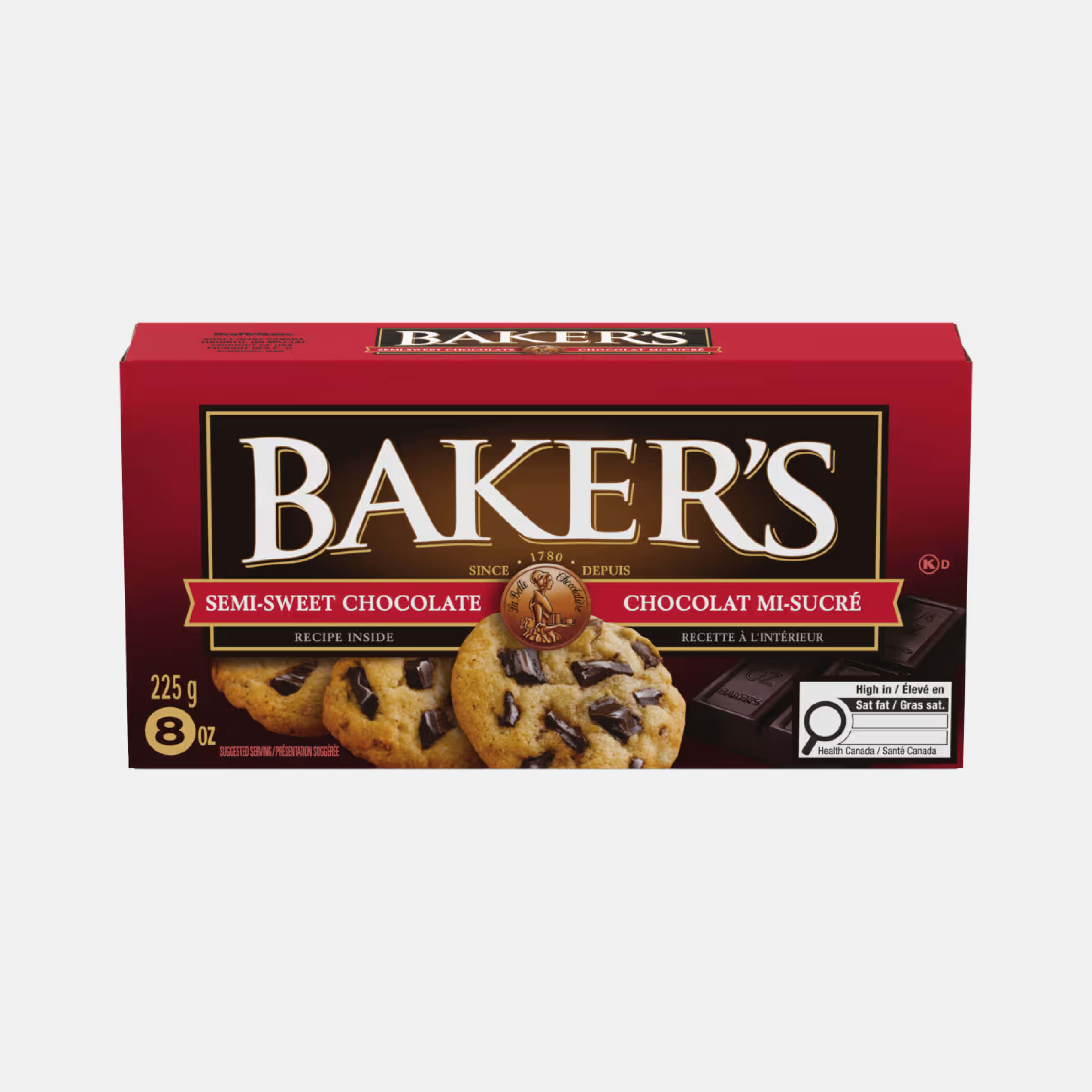 Baker's Semi-Sweet chocolate bar box with cookies and chocolate squares.