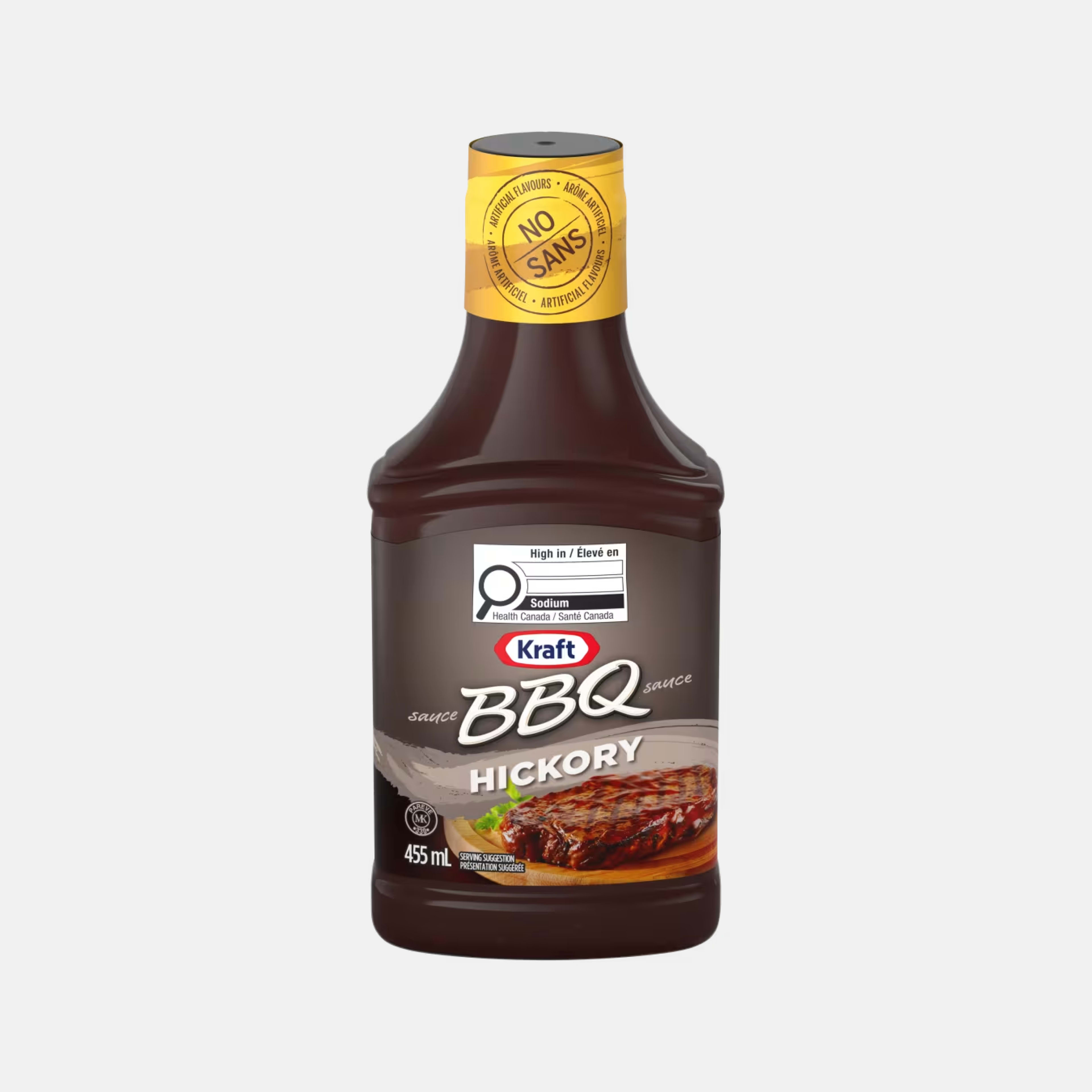 Kraft Hickory BBQ sauce bottle featuring a grilled steak on a grey and brown label.