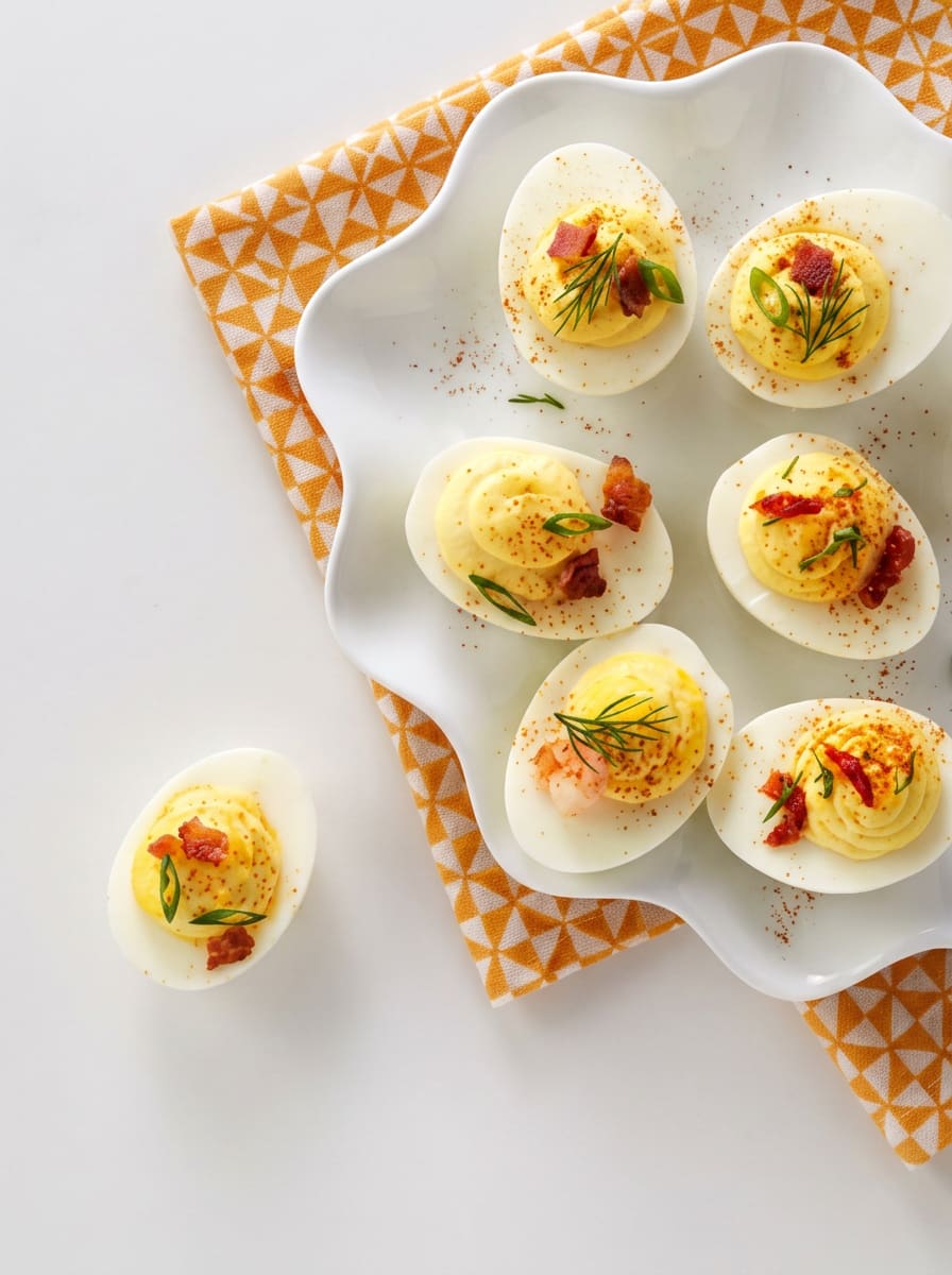 Deviled eggs topped with bacon, dill, green onions, and paprika on a white platter over a patterned orange napkin.