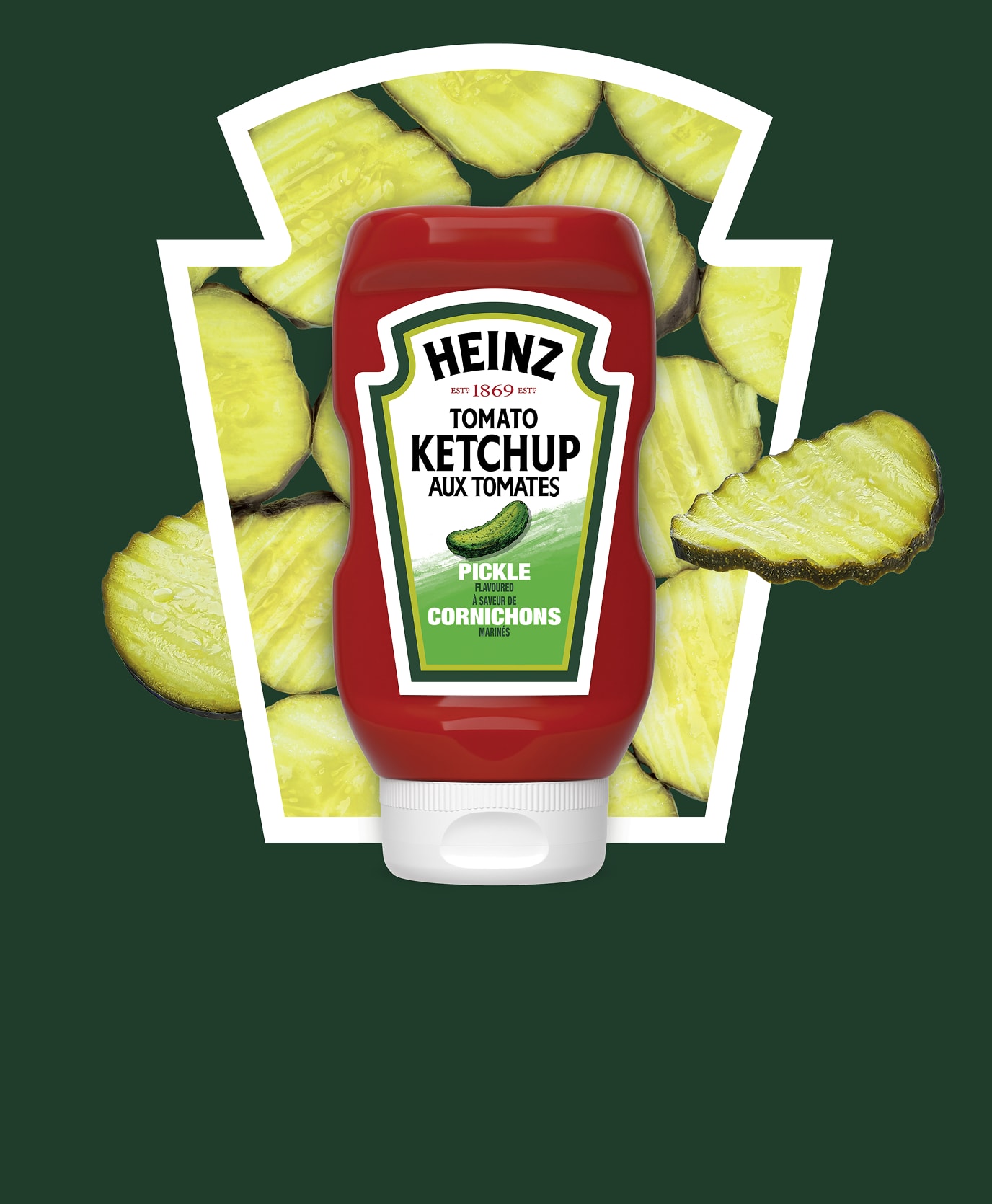 Heinz Tomato Ketchup Pickle Flavoured bottle with sliced pickles on a green background.