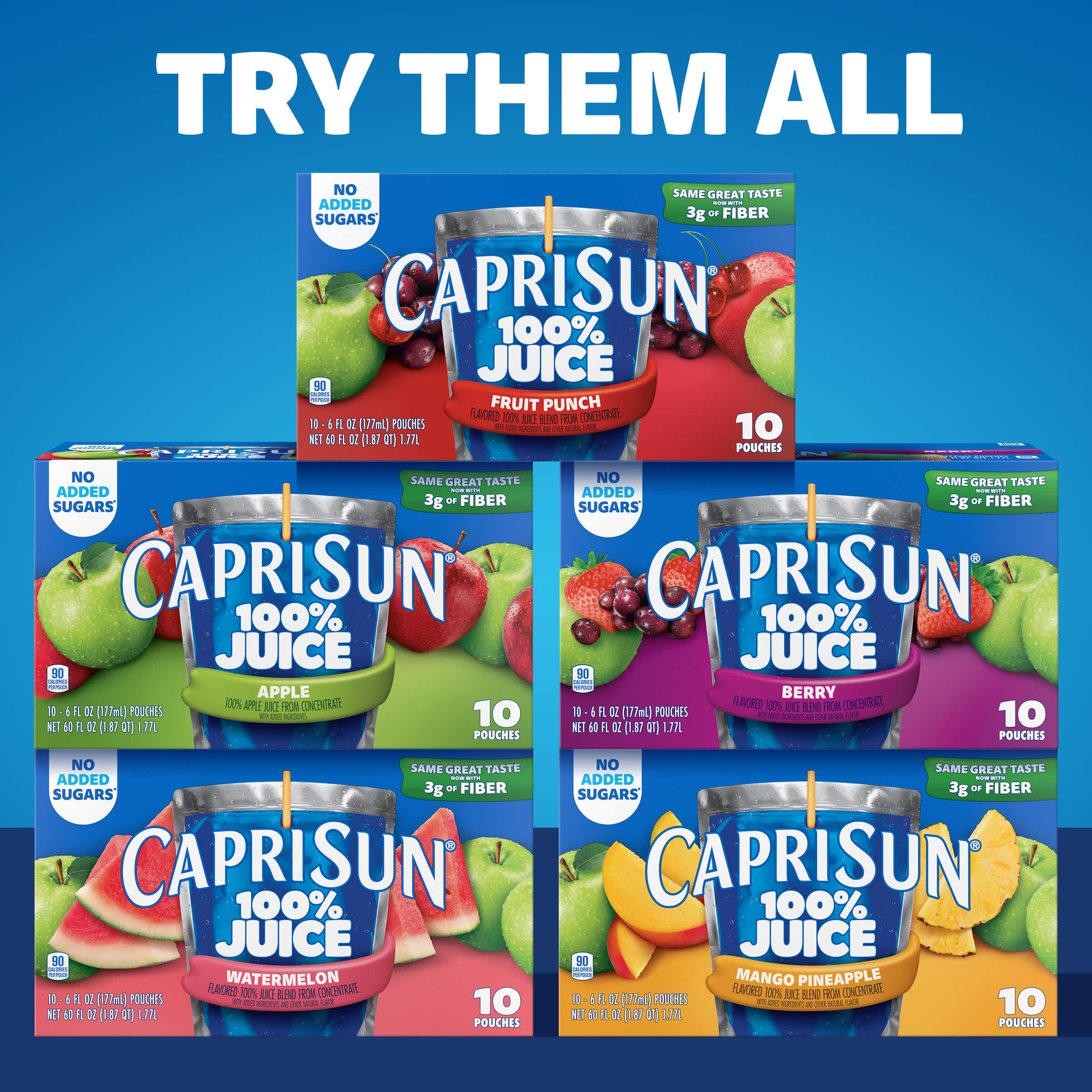  Capri Sun 100% Juice boxes in 5 flavors stacked under "TRY THEM ALL." No added sugar and 3g fiber.