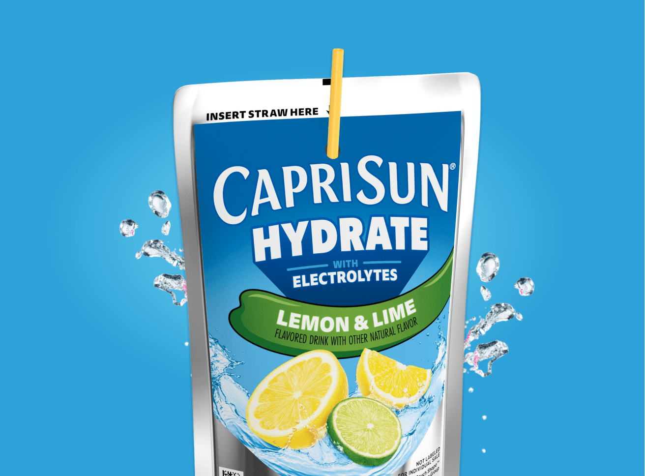Capri Sun Hydrate Lemon & Lime pouch with yellow straw and water splash on a blue background.