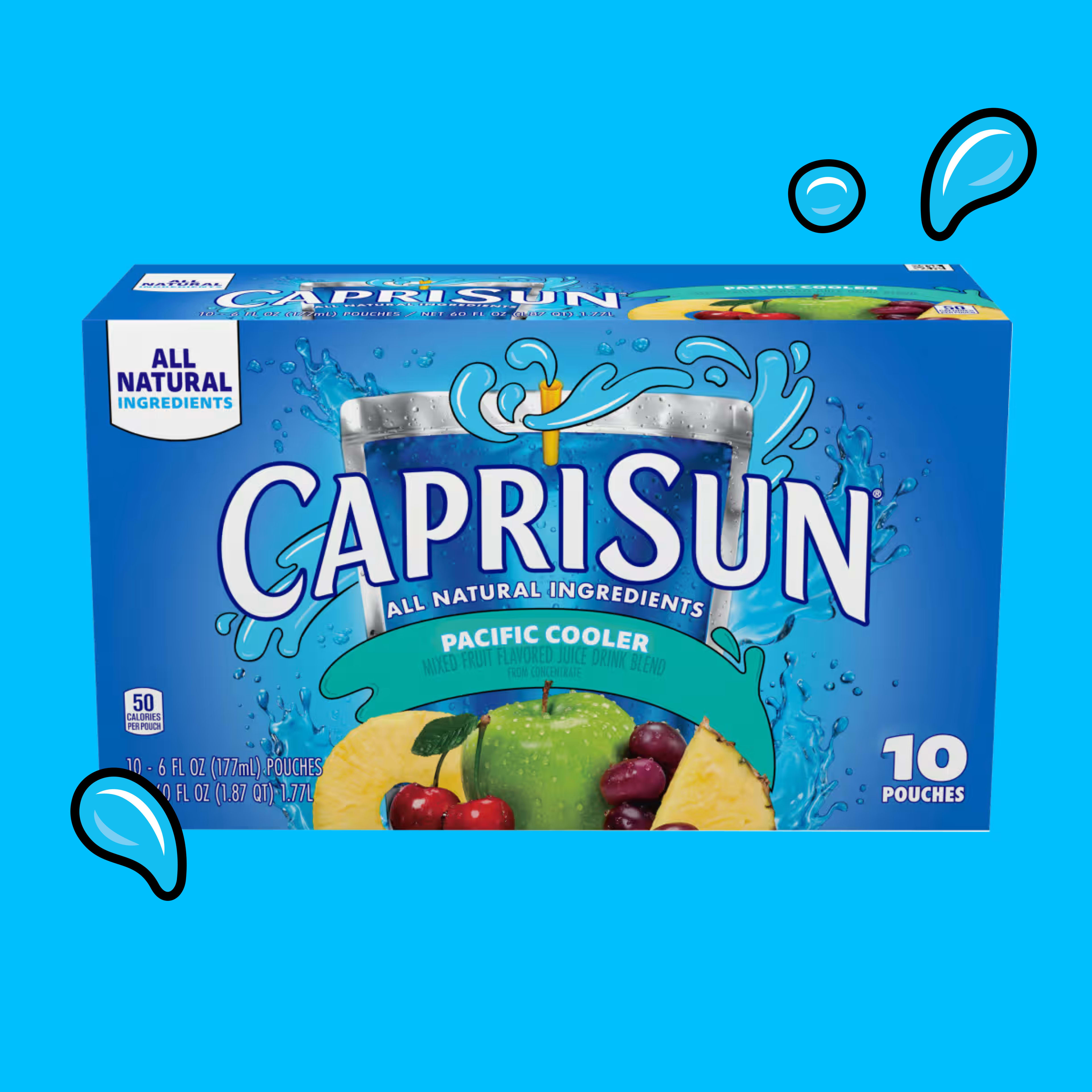 Capri Sun Pacific Cooler 10-pack box with all-natural ingredients, showing green apple, cherry, and pineapple illustrations.