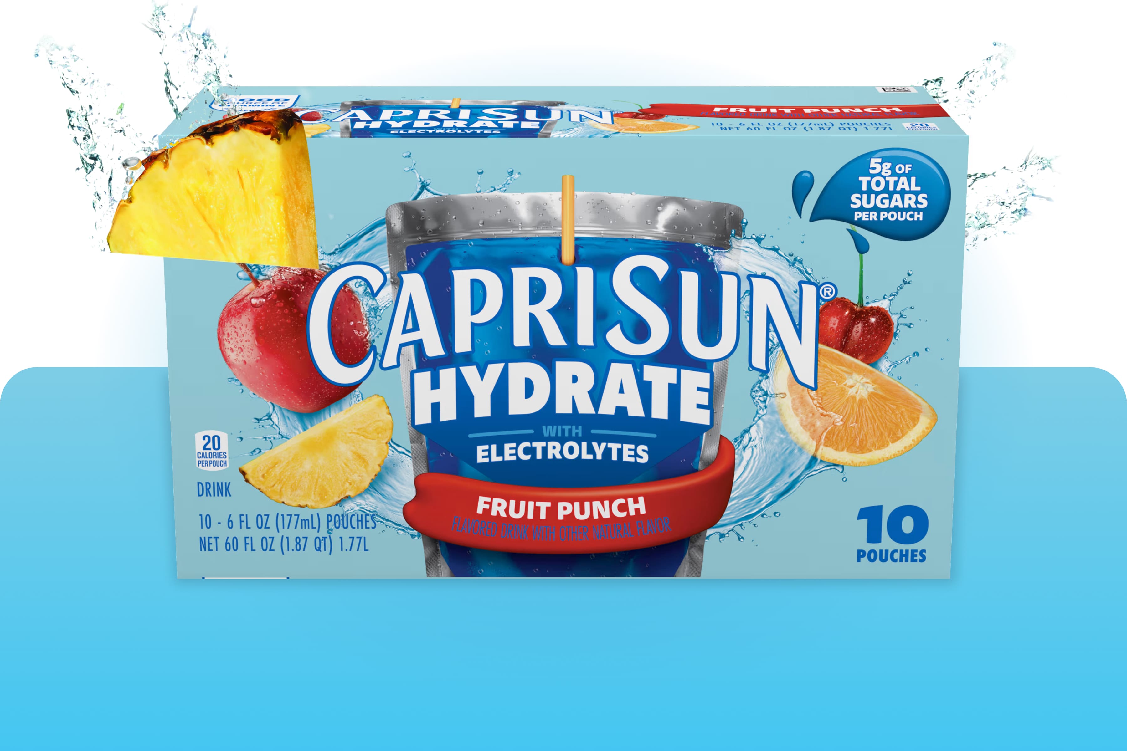 Capri Sun Hydrate Fruit Punch 10-pack box featuring an apple, pineapple slice, cherry, and orange slice.