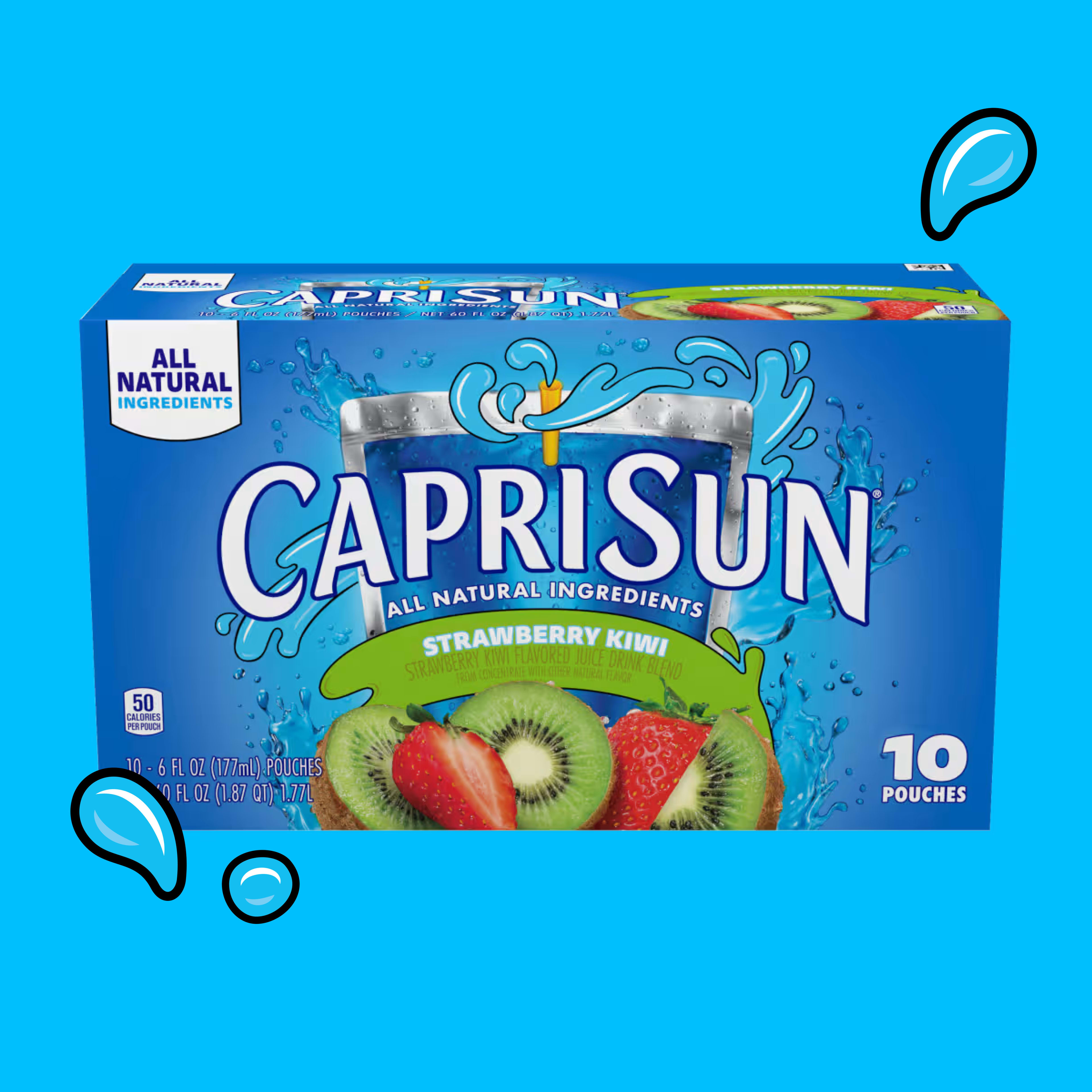 Capri Sun Strawberry Kiwi 10-pack box highlighted with all-natural ingredients and vibrant strawberry and kiwi fruit imagery.