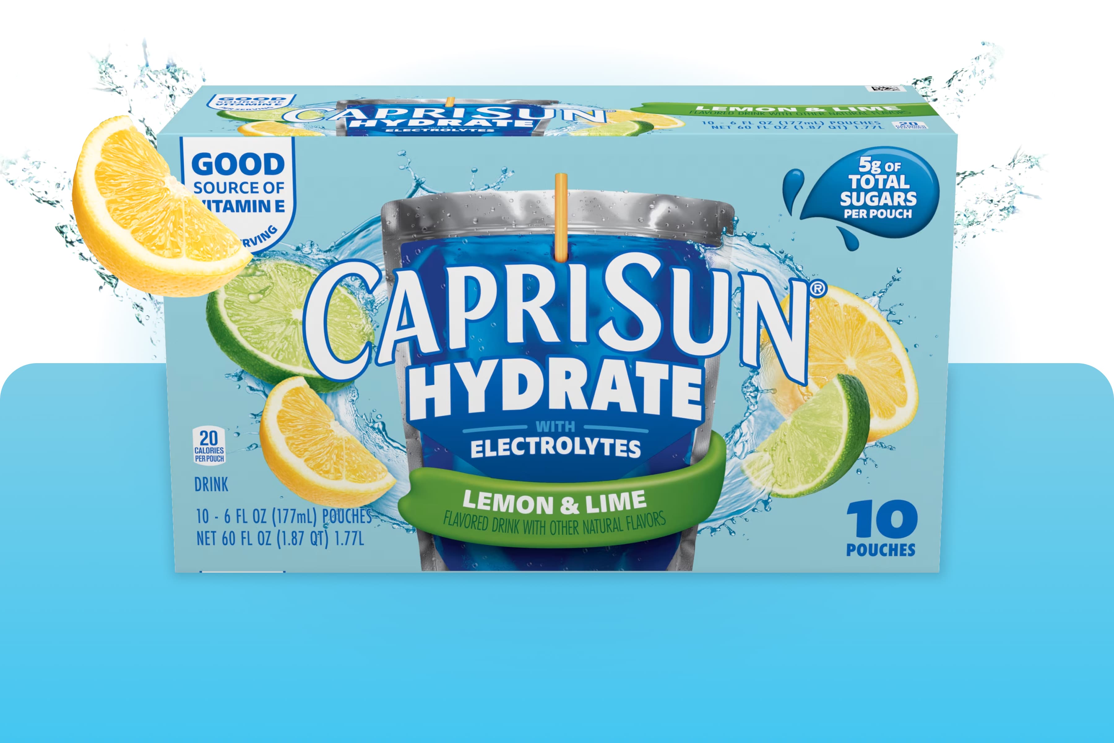 A 10-pack box of Capri Sun Hydrate Lemon & Lime with electrolytes, featuring images of fresh citrus slices.