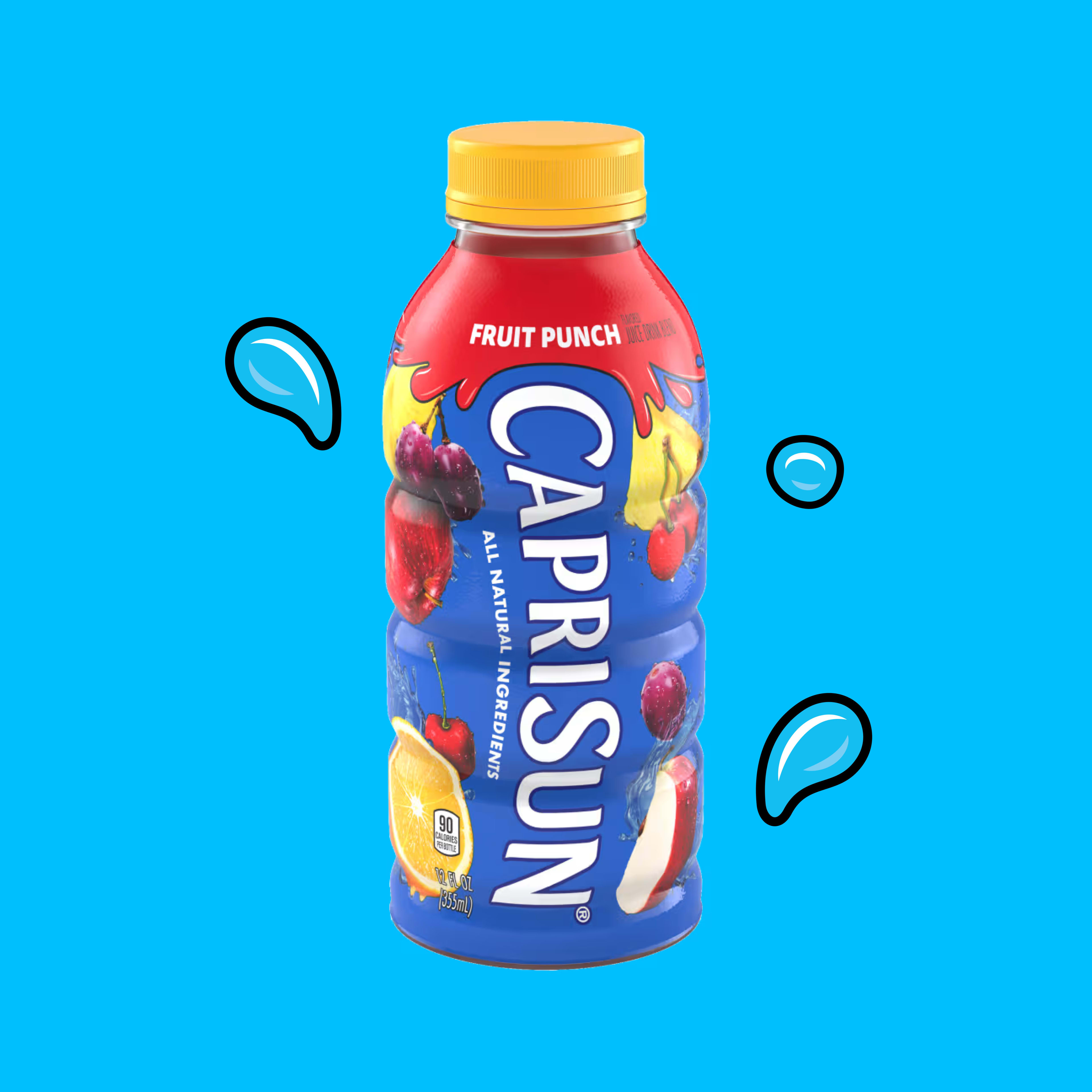 A 12-ounce Capri Sun Fruit Punch bottle with a yellow cap, showcasing various fruit graphics and all-natural ingredients.